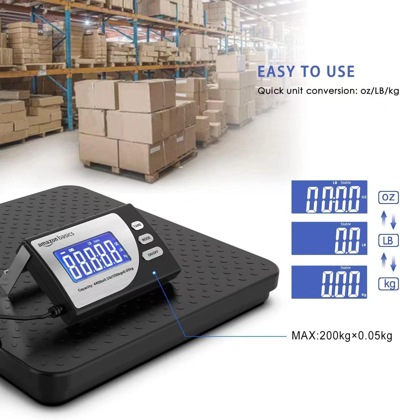 Amazon Basics Digital Postal Scale with Tare Function, Heavy Duty, Aluminium Platform, 440 lb Capacity, Digital Shipping, Portable, Black