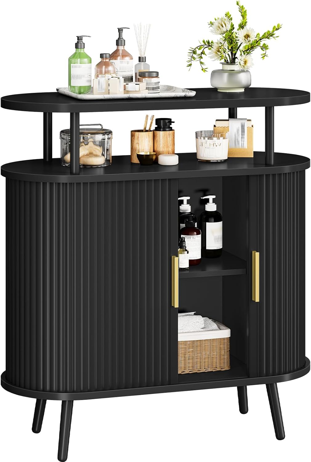 Bathroom Storage Cabinet, Bathroom Cabinet with Sliding Doors, Freestanding Floor Cabinet with Gold Handles, Modern Bathroom Organizer and Storage, for Bathroom, Kitchen, Entryway, Black