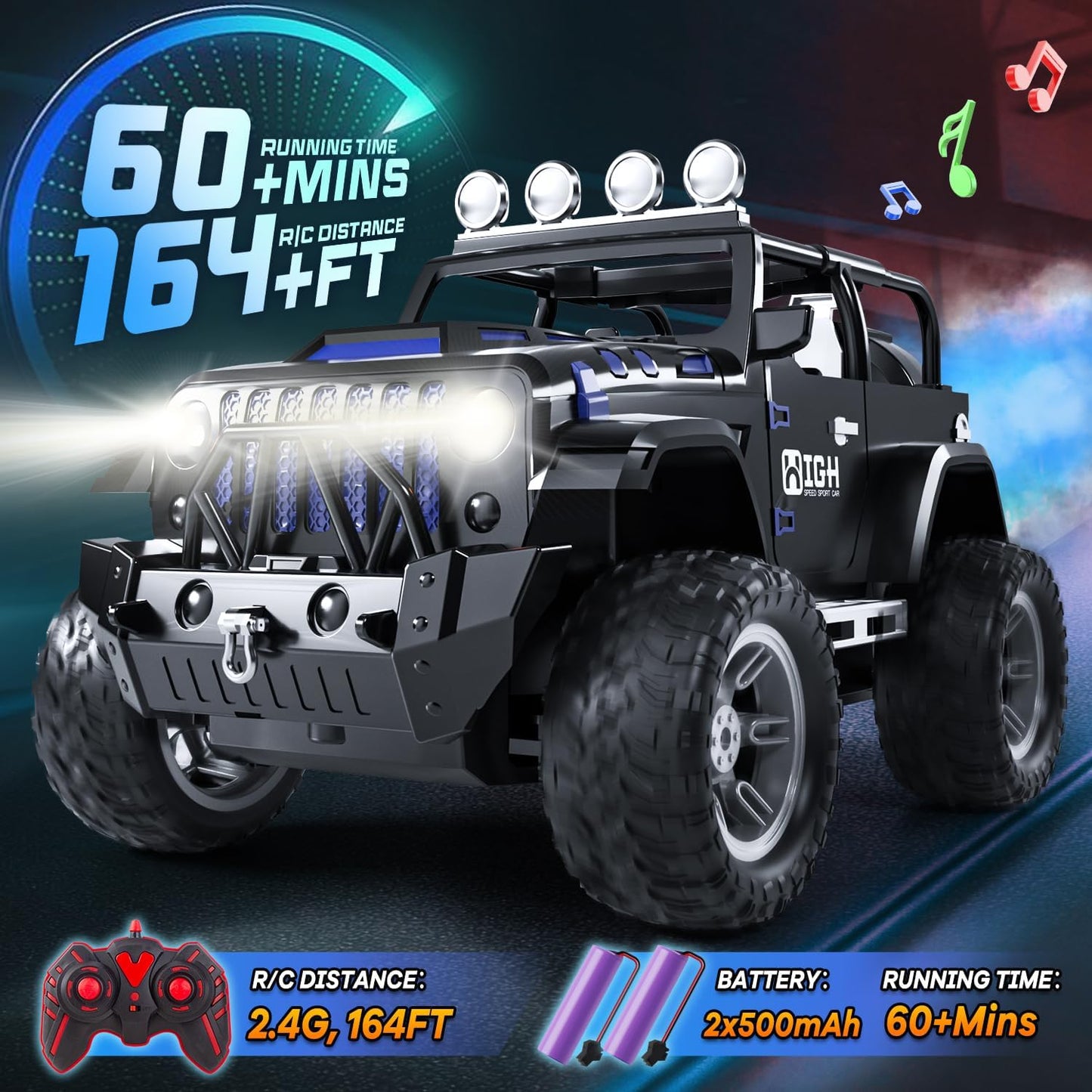 1:16 Remote Control Car with Spray, Lights and Sound, 2.4GHz Remote Control Jeep for Kids, All Terrain Off-Road Jeep RC Car Toys Gift for Boys and Girls