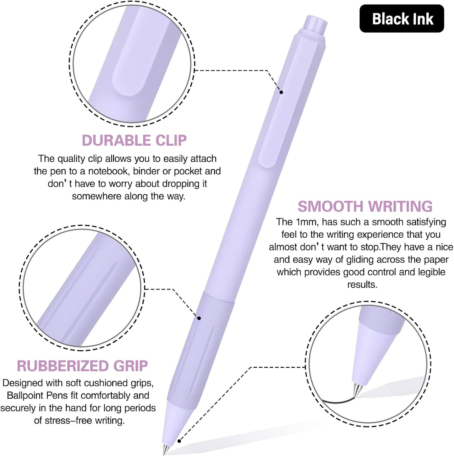 14-Pack Ballpoint Pens, Medium 1.0mm Black Ink Cute Pastel Office Pen, Retractable - For Smooth Writing, Note Taking and Journaling