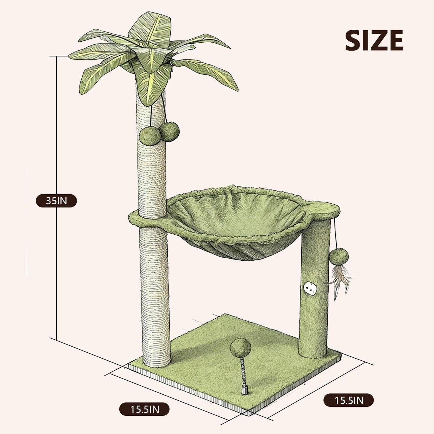 MECOOL Cat Tree for Indoor Cats 35" Tall Cat Scratching Post with Large Cat Hammcok and Hanging Ball Toys Plant Green
