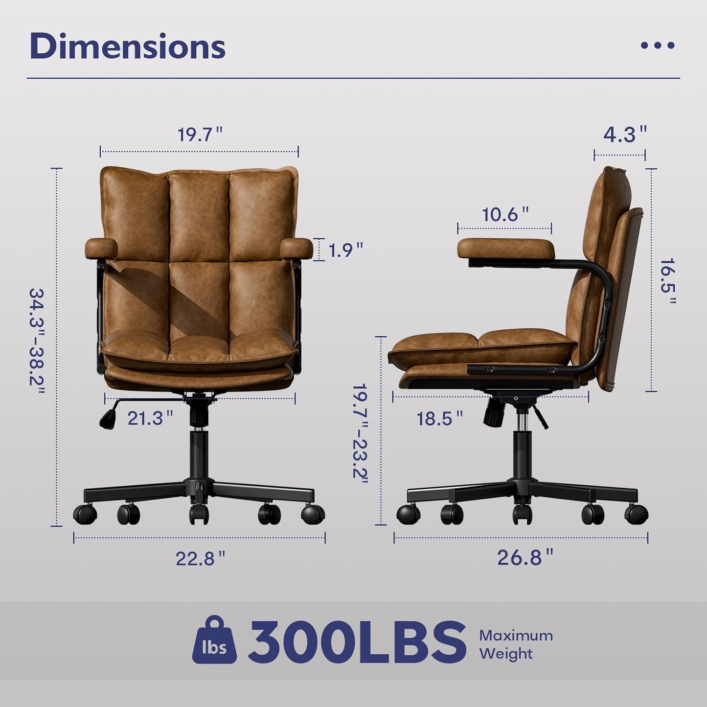 Brown Office Chair, Mid Century Modern Desk Chair with Arms, Thickend Back and Seat, Adjustable Height, Wheels, Vintage Leather Computer Chair for Home, Office