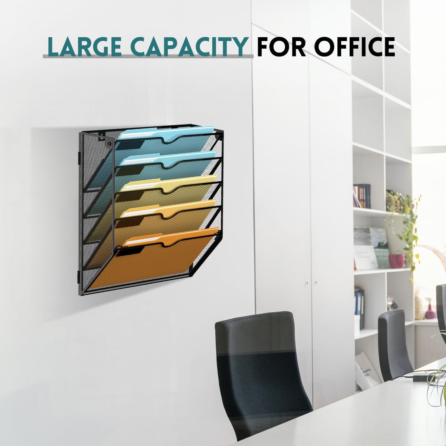 SUPEASY 5 Tier Wall File Organizer, Hanging Wall Mounted Mail Organizer with Label Slots, Metal Mesh File Holder Magazine Rack for Office, Home, School, Black