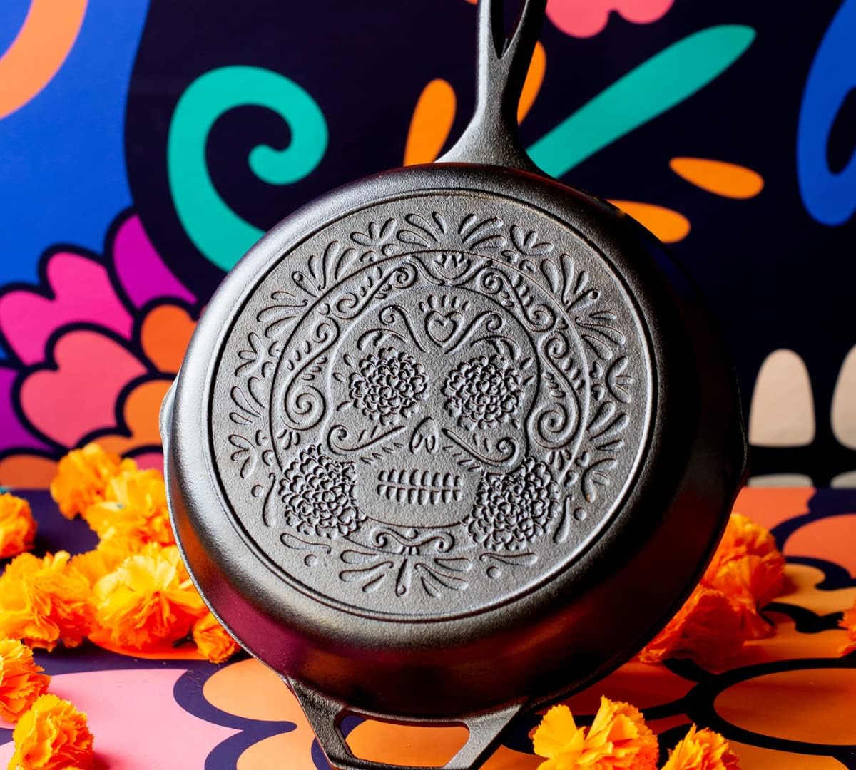 Lodge 10.25 Inch Pre-Seasoned Cast Iron Stamped Skillet - Signature Teardrop Handle - Use in the Oven, on the Stove, on the Grill, or Over a Campfire - Sugar Skull