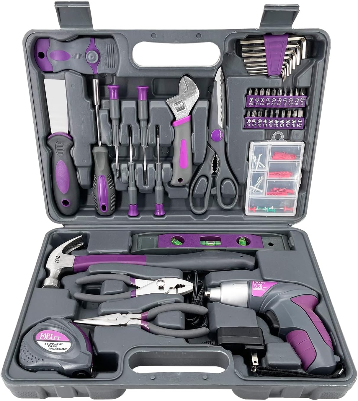 44PCS 4V Cordless Screwdriver Tool Kit Set Pink Color Tools Lady Tools Kit Home Repair Set Toolbox Hand Tool Kit Storage Case Gift Set LADYCRAFT