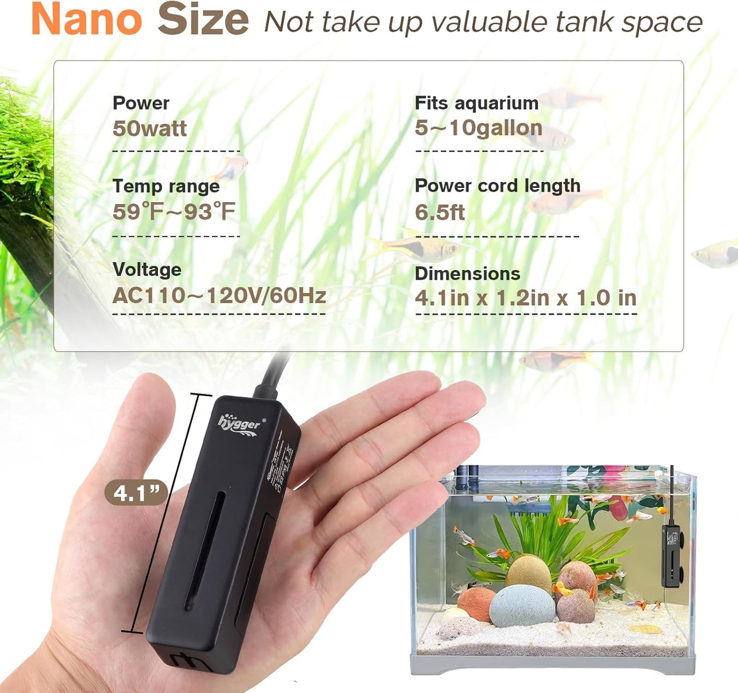hygger Mini Fish Tank Submersible Heater 50W for 5-10 Gallons Small Betta Aquarium Heater with Digital Display Controller Adjustable Temperature