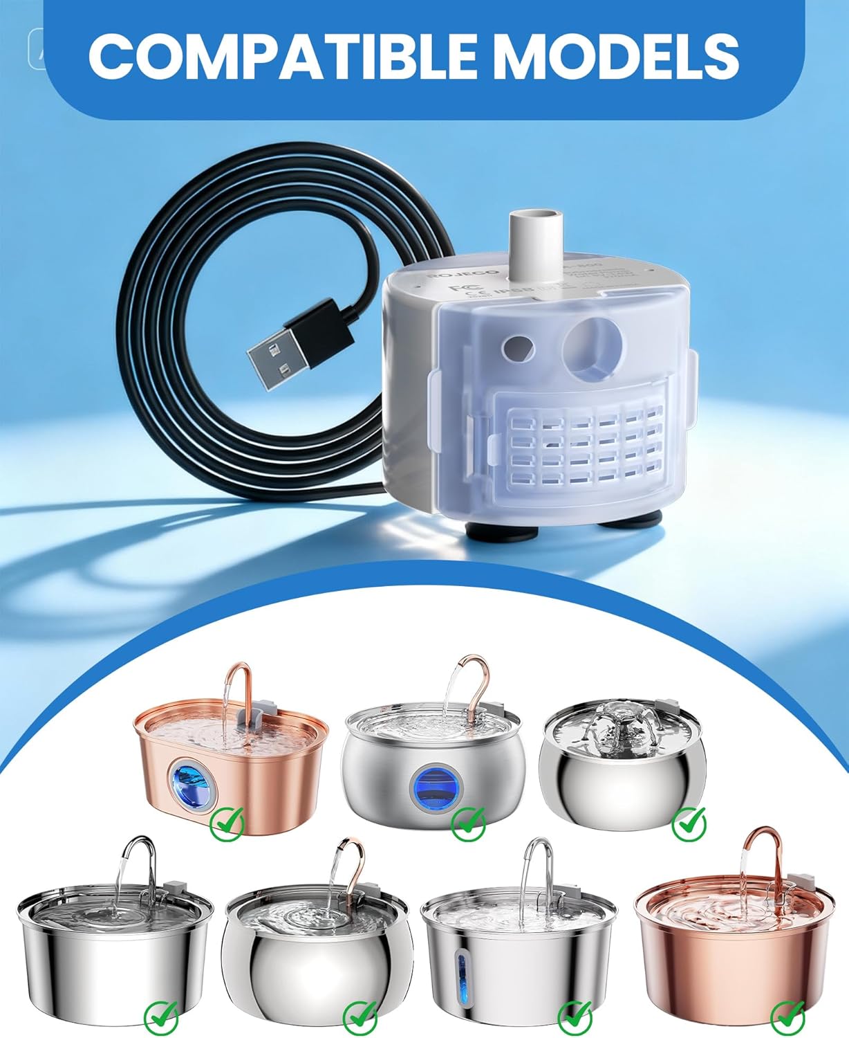 Tomxcute Official Replacement Pump for Cat Water Fountain, Easy-to-Clean Fully Detachable Pump Helps Prevent Clogs, Whisper-Quiet (<20dB), 5V USB Low Voltage (Adapter Not Included)