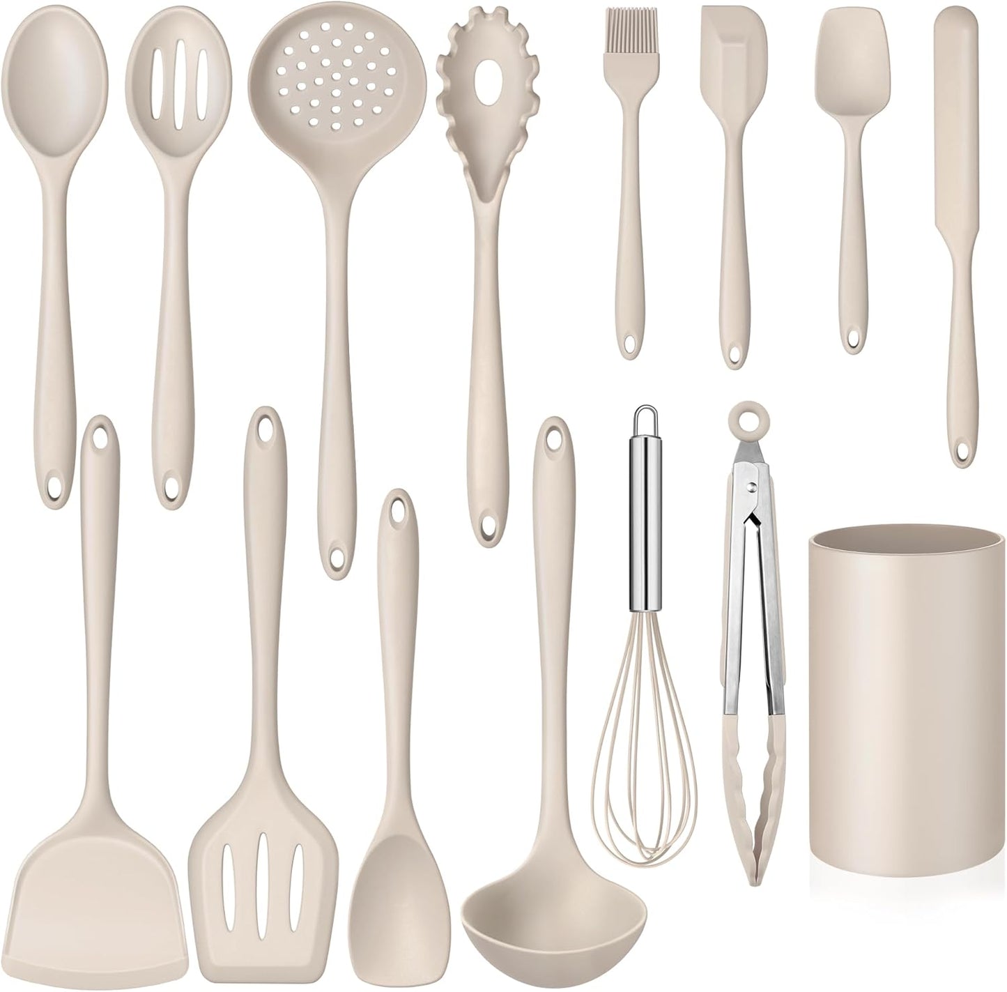 15-Piece Kitchen Cooking Utensils Set with Holder, Homikit Heat Resistant Food Grade Silicone Kitchen Utensils include Slotted Spatula Ladle Turner for Nonstick Cookware, Dishwasher Safe- Khaki