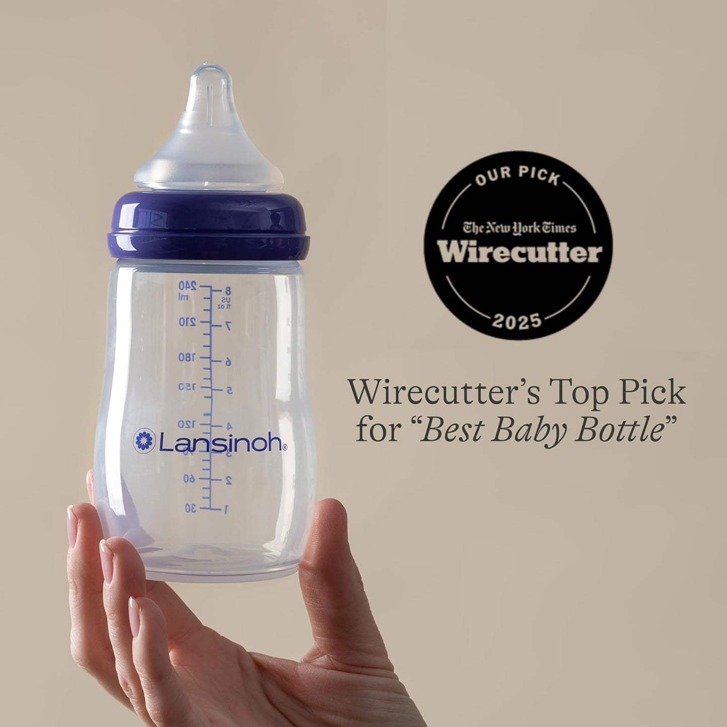 Lansinoh Anti-Colic Baby Bottles, BPA-Free Plastic, 8 Ounces, 3 Count, Medium Flow Nipples (Size M), Breastfeeding Bottle with NaturalWave Design
