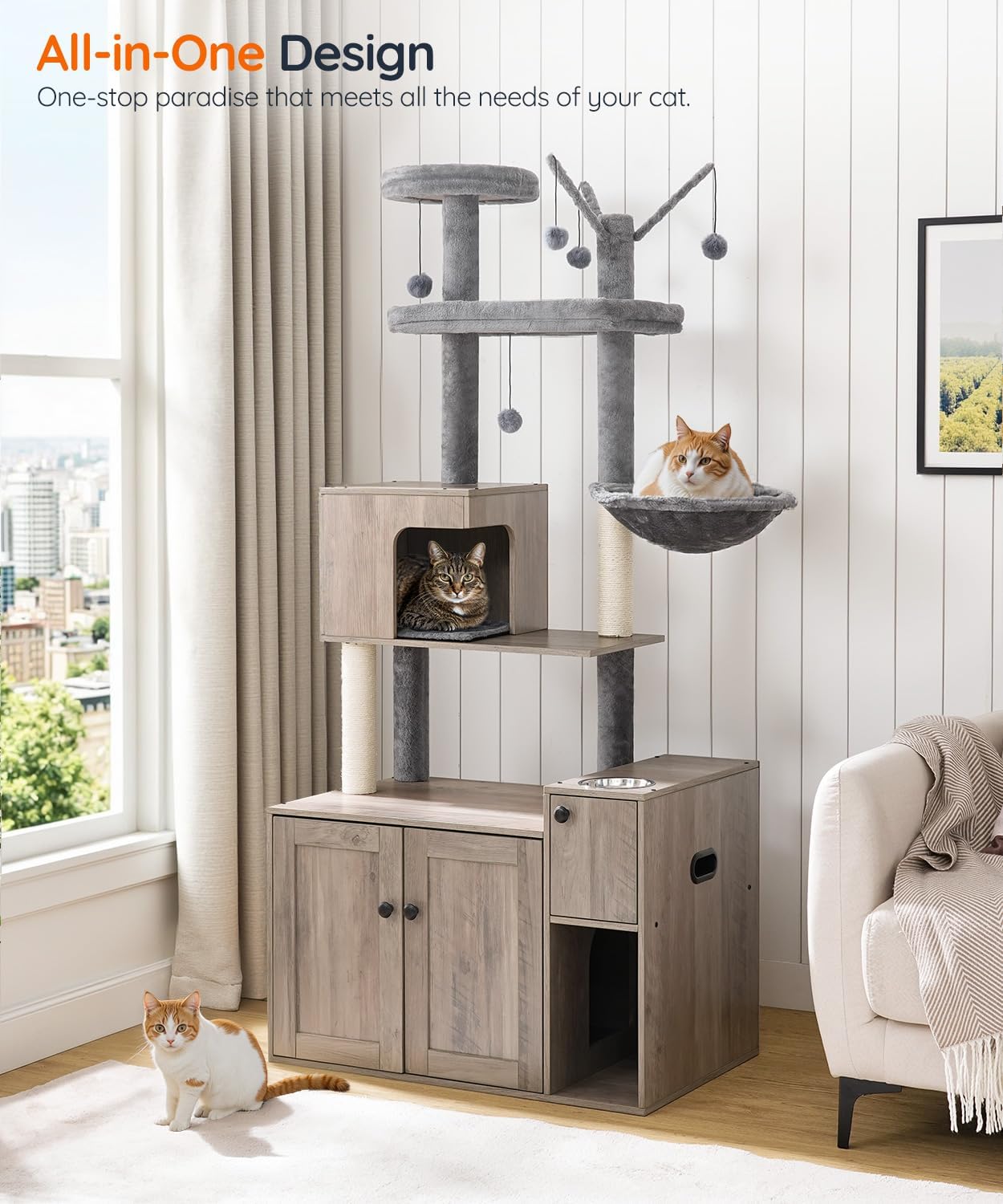 HOOBRO Cat Tree with Litter Box Enclosure, 68.9" H Cat Tower with Food Bowl and Storage, Hidden Litter Enclosure Furniture, All-in-One Modern Cat Condo, with House, Hammock and Perch, Greige BG80MZ03