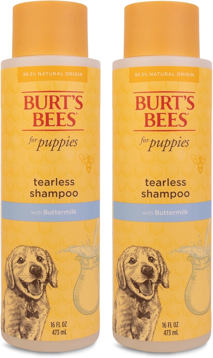 Burt's Bees for Pets Tearless Puppy Shampoo with Buttermilk and Flaxseed Oil, Gentle Dog Shampoo for Puppies 8+ Weeks, Fragrance Free Coat Cleanser with 95% Natural Origin Formula, 16 Fl Oz - 2 Pack