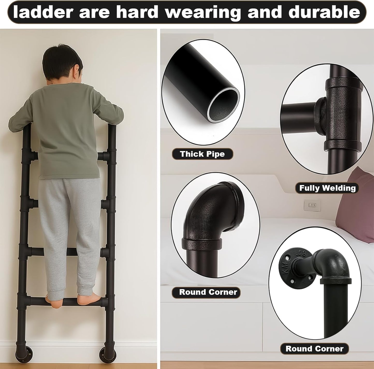 8-Rung Wall Mounted Ladder, Heavy-Duty Metal 8FT Egress Window & Loft Ladder for Basement, Attic Bunk Bed, Fire Escape - 355LBS Load, Matte Black
