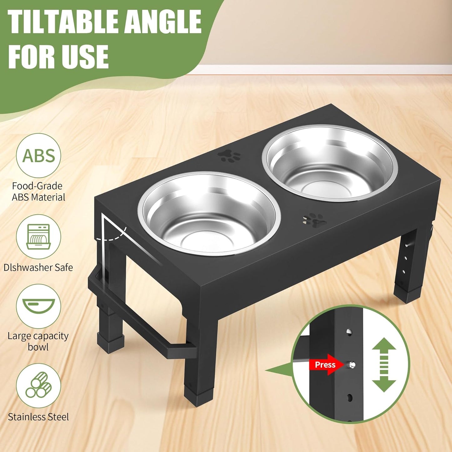 Elevated Dog Bowls, 4 Height Adjustable Raised Bowl Stand with 2 Stainless Steel 7" Food Feeder Bowls for Small Medium and Large Dogs
