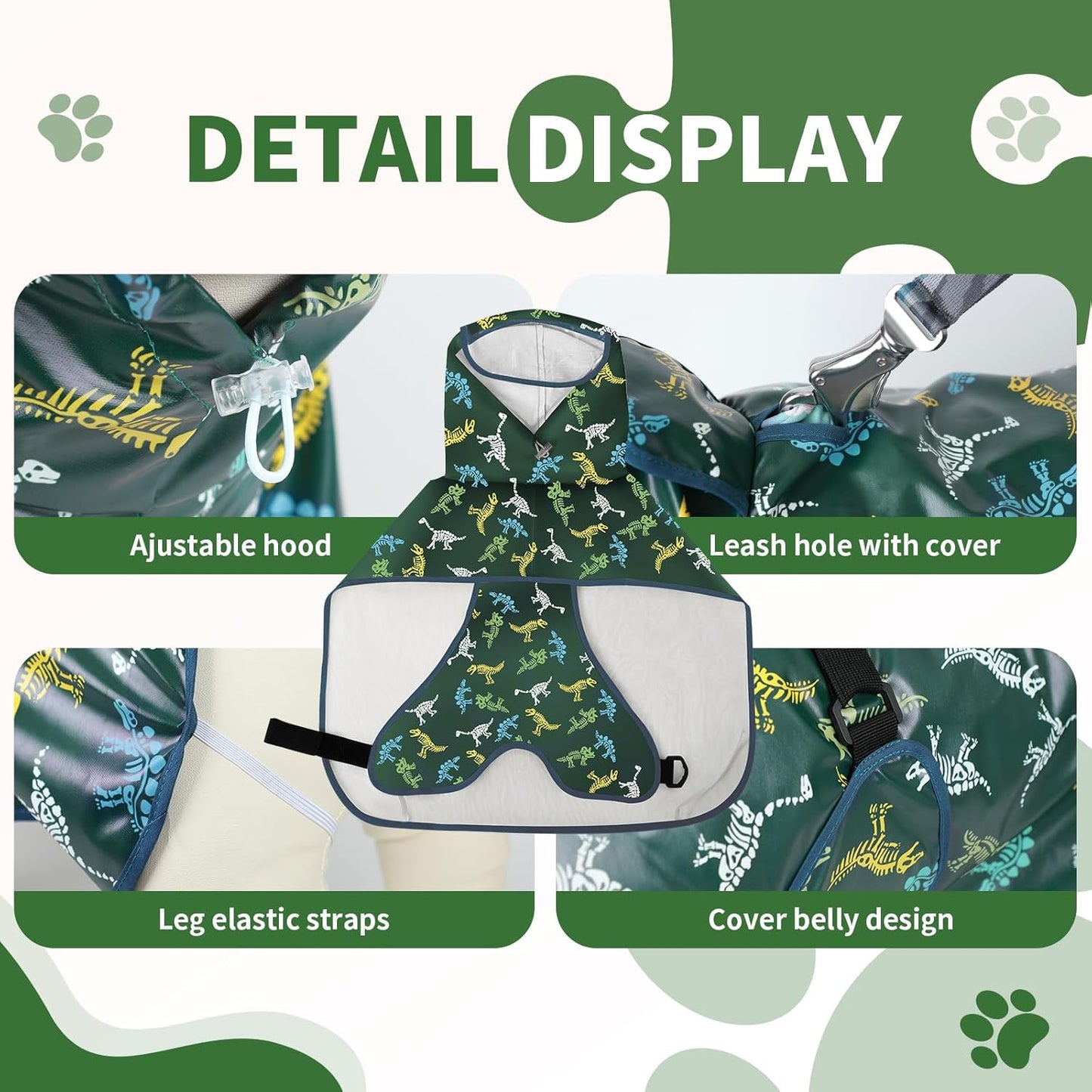 Dog Raincoat, Waterproof Windproof Dog Rain Jacket with Hood, Rain Coat with Leash Hole, Adjustable Raincoat Poncho for Small Medium Large Dogs Outdoor (Green, XL)