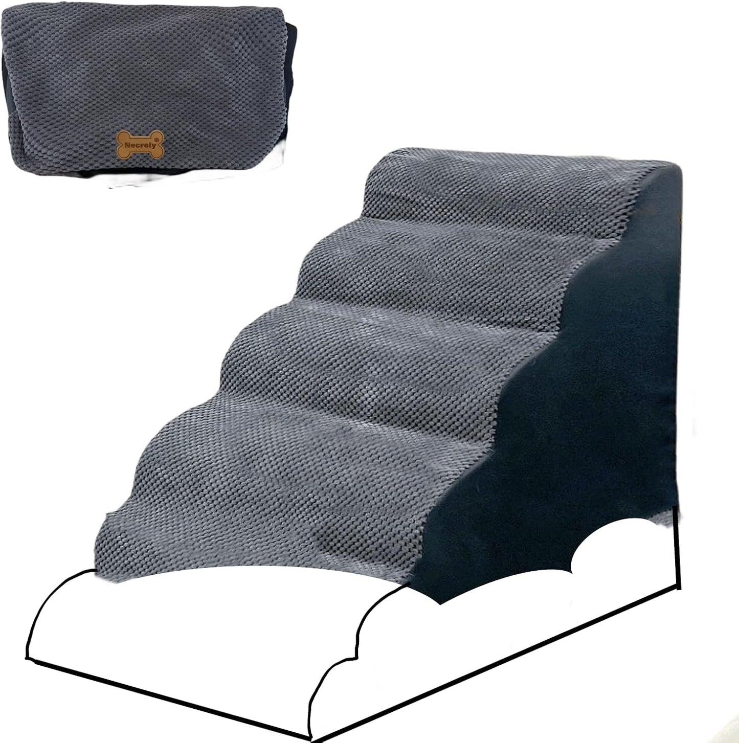 Pet Steps Cover for Small Dogs and Cats, Portable Foam Dog Ramp Stairs for Couch, Sofa, and High Bed Climbing - Grey 5-Step 33.1" L x 15.8" W x 22.9" H (Cover Only)
