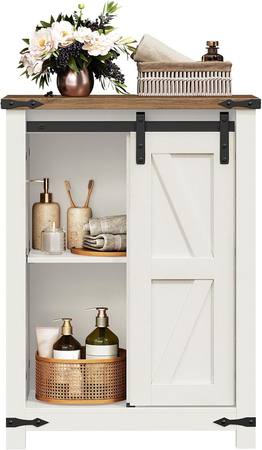 HOOBRO Bathroom Storage Cabinet, Farmhouse Cabinet with Sliding Barn Door, Adjustable Shelf and 4 Drawers, 11.8" D x 23.6" W x 31.9" H, Freestanding for Bathroom, Kitchen, White and Walnut