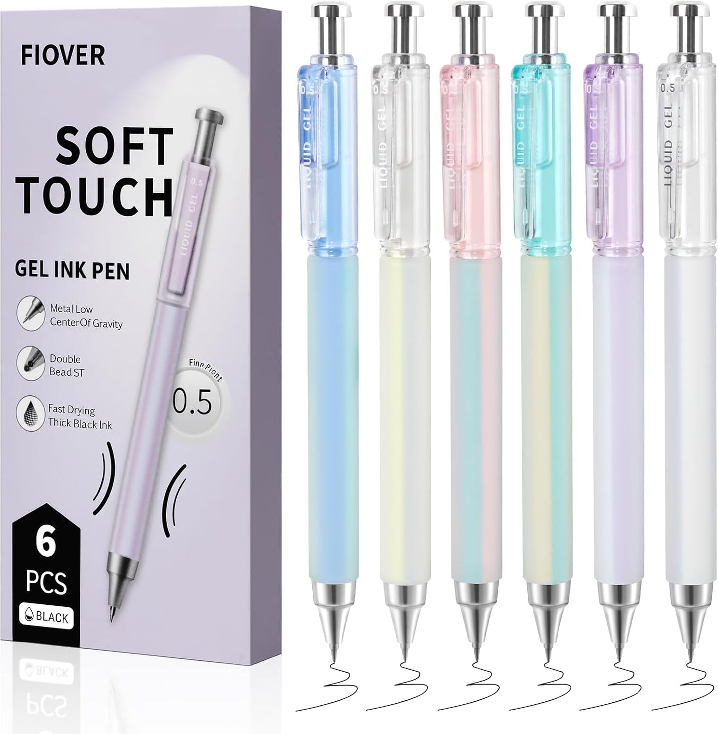 FIOVER Gel Pens, 6 Pcs 0.5mm Quick Dry Black Ink Pens, Fine Point Smooth Writing Pens, Retractable with Silicone Grip, High-End Cute Aesthetic Office School Supplies, Gifts for Women Men (6pcs black)