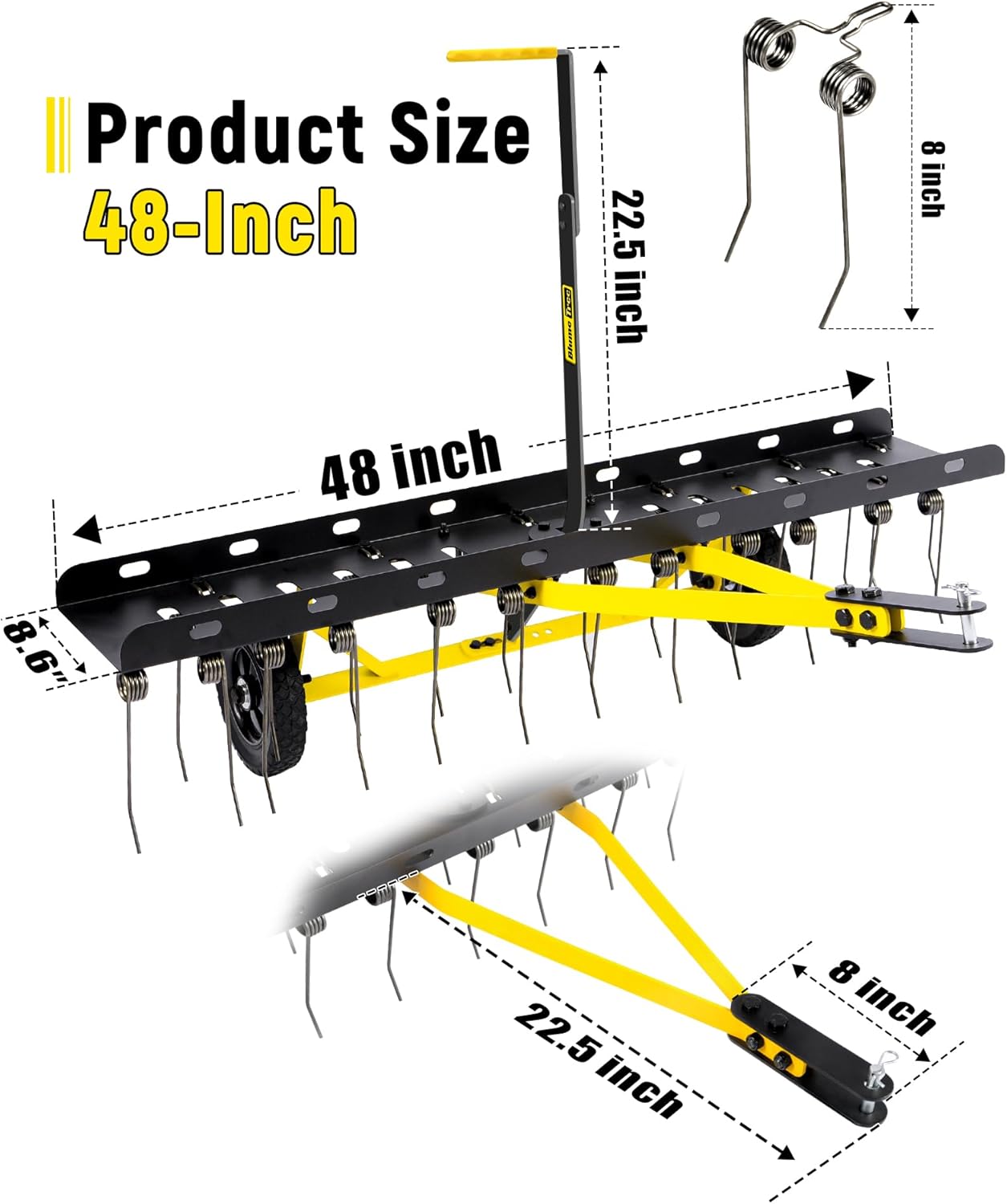 48 Inch Tow Behind Dethatcher, Pull Behind Lawn Dethatcher with 24 Spring Steel Tines, Grass Dethatcher, Removes Thatch, Riding Lawn Tractor for Large Lawns, Yard and Garden Care