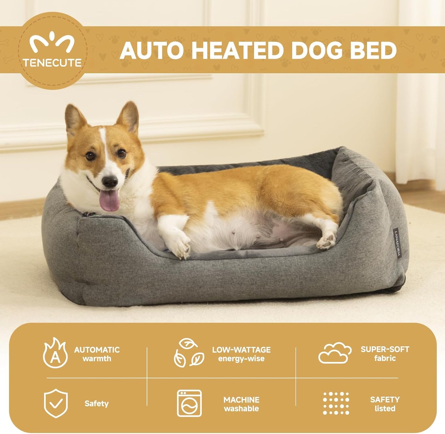Heated Dog Bed with Auto Sensing Heated pad, 3-Temperature Settings & Chew-Resistant Cord - 33x25 Inch Luxury Sofa-Style Heated Pad for Large Dogs