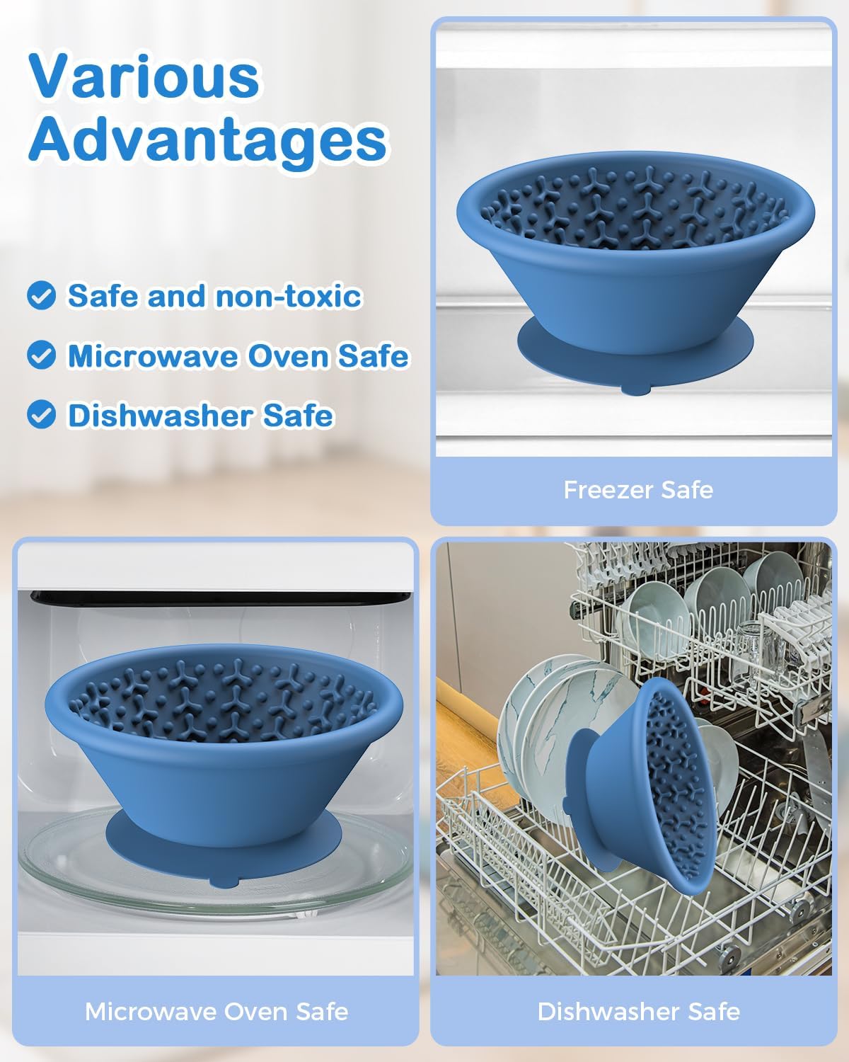 Dog Slow Feeder Lick Bowl to Prevent Fast Eating, Steel Reinforced Rim, Non-Slip Suction Base, BPA-Free Silicone, Dishwasher & Freezer Safe, Helps Extend Mealtime & Keep Dogs Calm(Blue)