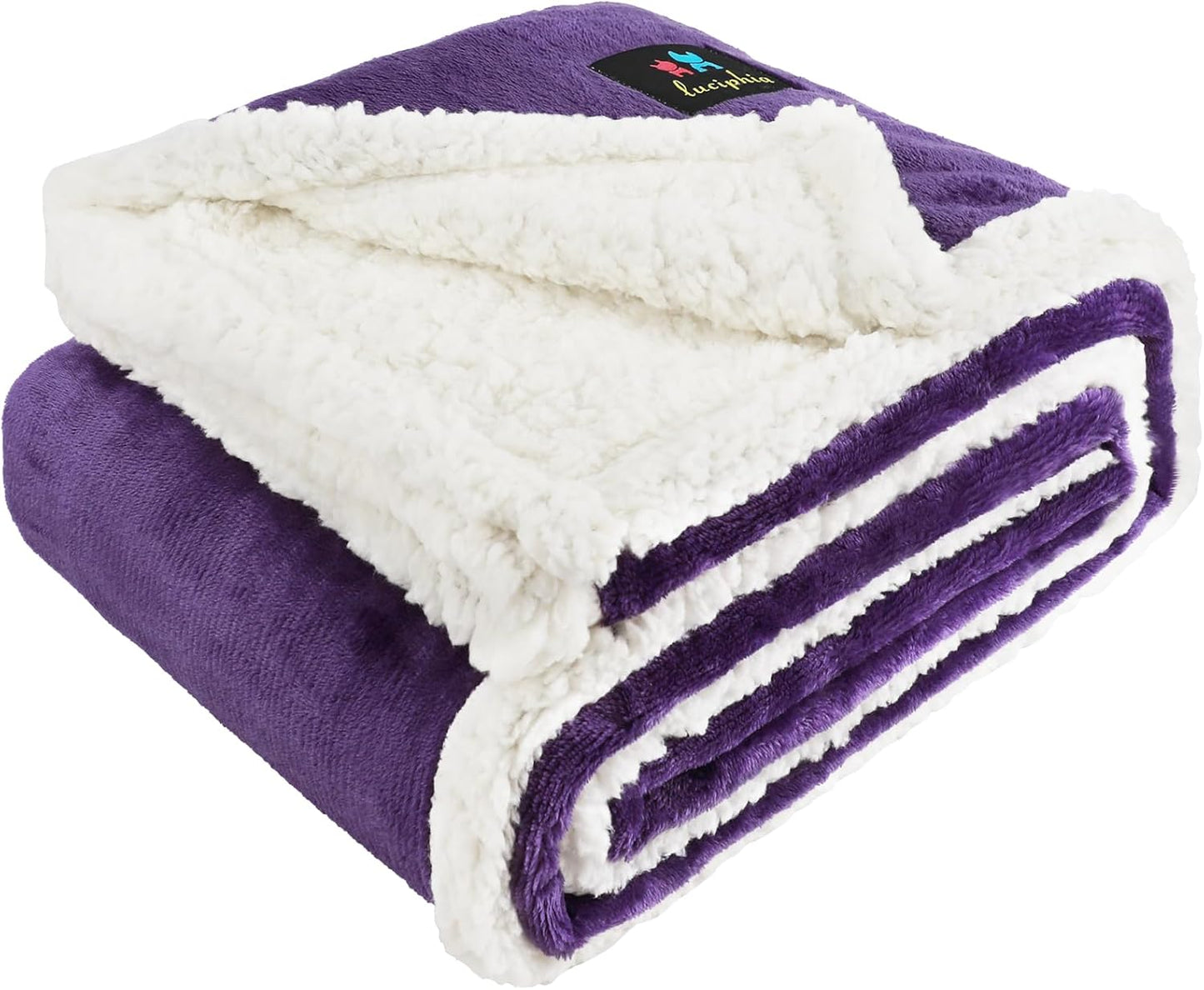Luciphia Waterproof Bed Blanket Washable,Soft Sherpa Fleece Puppy Reversible Throw Blankets for Small Medium Dog Cat,Furniture Cover Protector Couch from Liquid Pee and Pet Fur,Purple White,57" x 40"