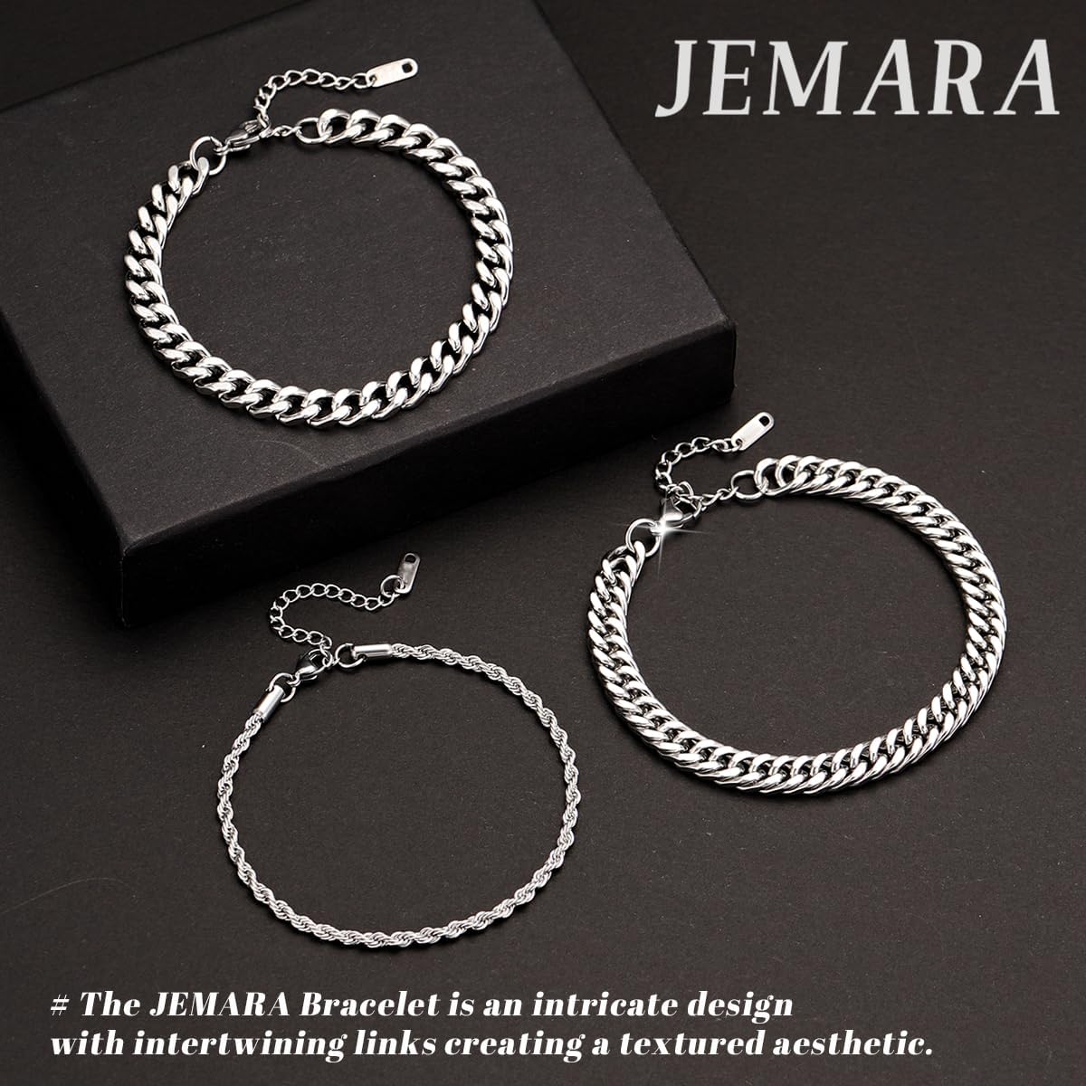 3Pcs Stainless Steel Mens Bracelet,Adjustable Sturdy Silver Cuban Chain Bracelet Set for Men