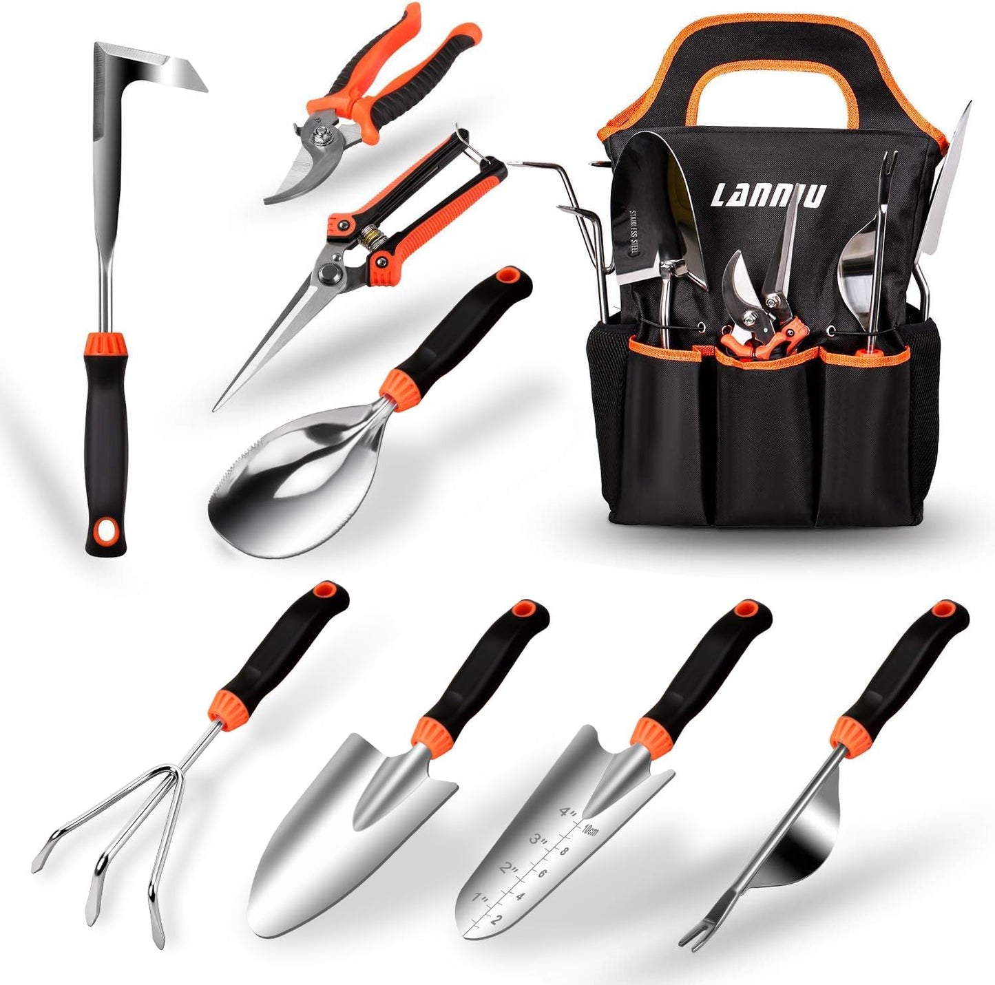 9 Piece Garden Tool Set - Heavy Duty Stainless Steel Gardening Hand Tools with Ergonomic Non-Slip Rubber Handles, Pruning Shears, Trowel and 600D Storage Tote Bag, Gardening Gifts for Women