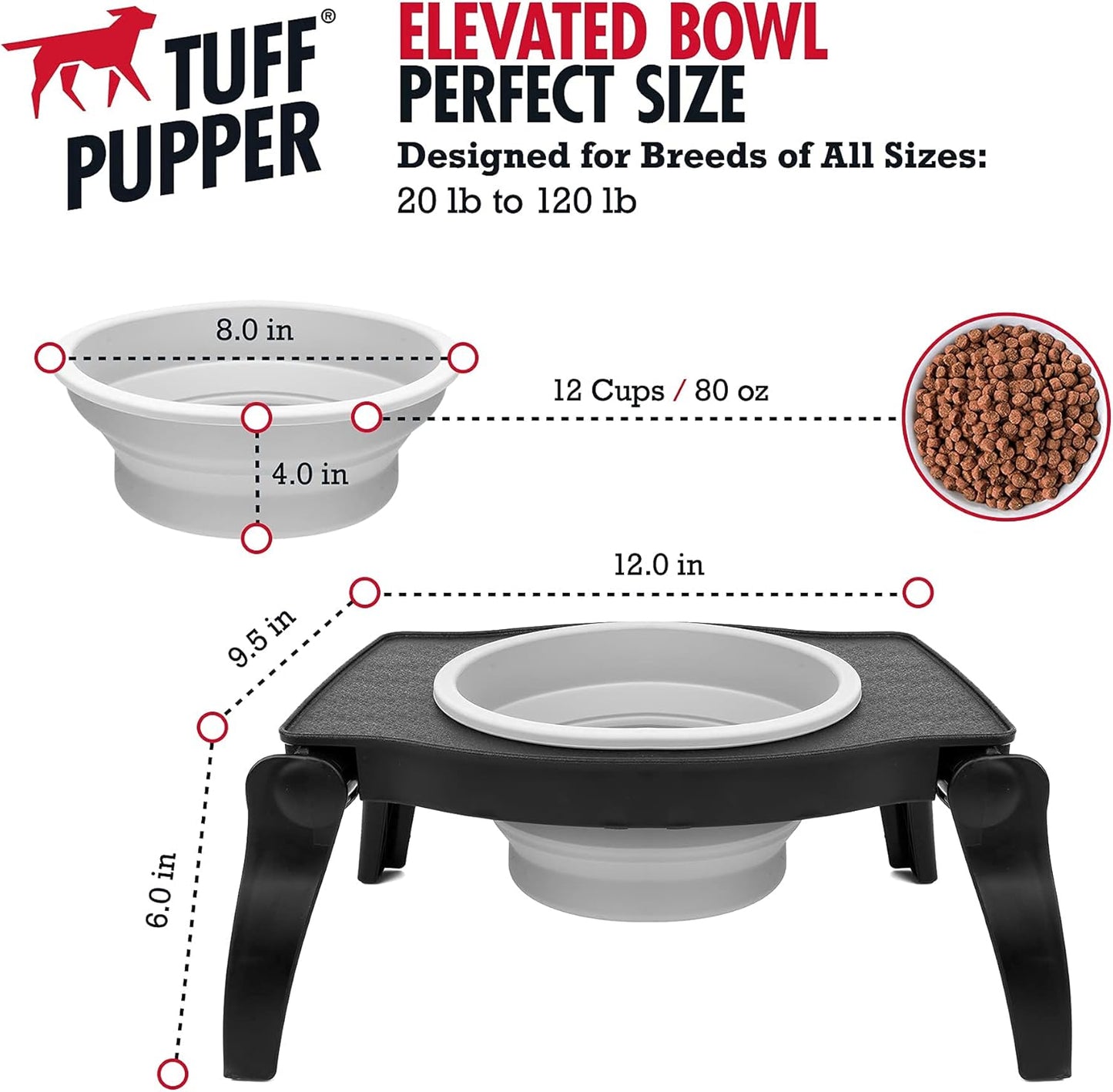 Tuff Pupper Elevated Dog Bowl - Single Raised Collapsible Travel Bowl Holds 80oz/12cups Food/Water