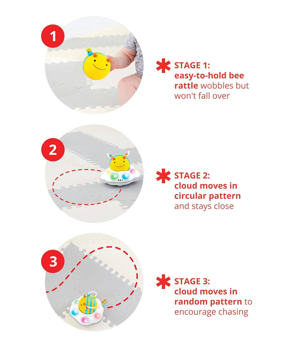 Skip Hop Baby Follow-Me Bee Tummy Time Crawl Toy 3-Stage Infant Sensory Development with Lights Sounds and Music Explore & More Age 5m+