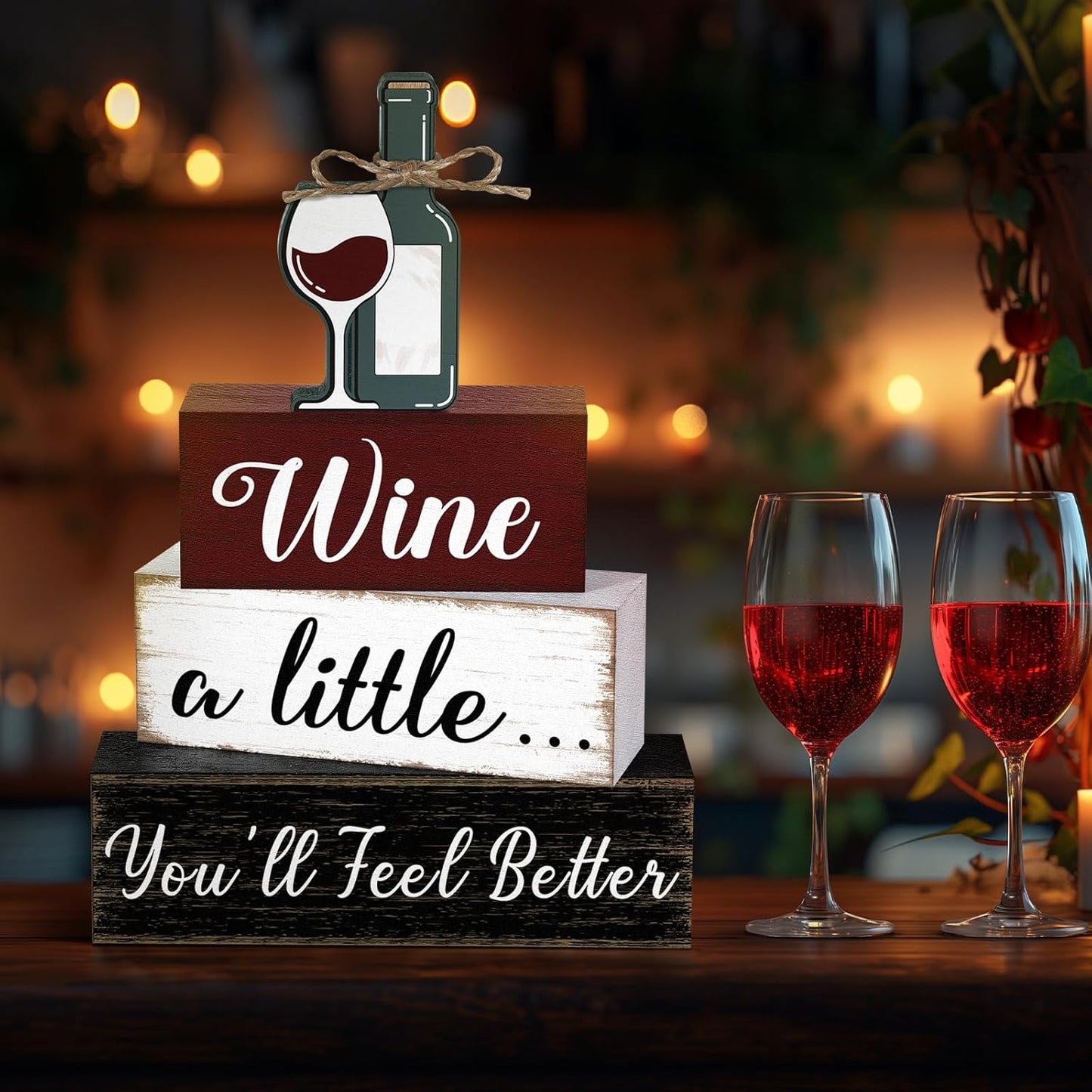 Marsui 4 Pcs Wine Tabletop Decor Rustic Coffee Bar Tiered Tray Decor Decorative Wood Wine Bottle Block Sign Gift Wooden Farmhouse Table Centerpiece for Home Party Shelf Desk Decoration