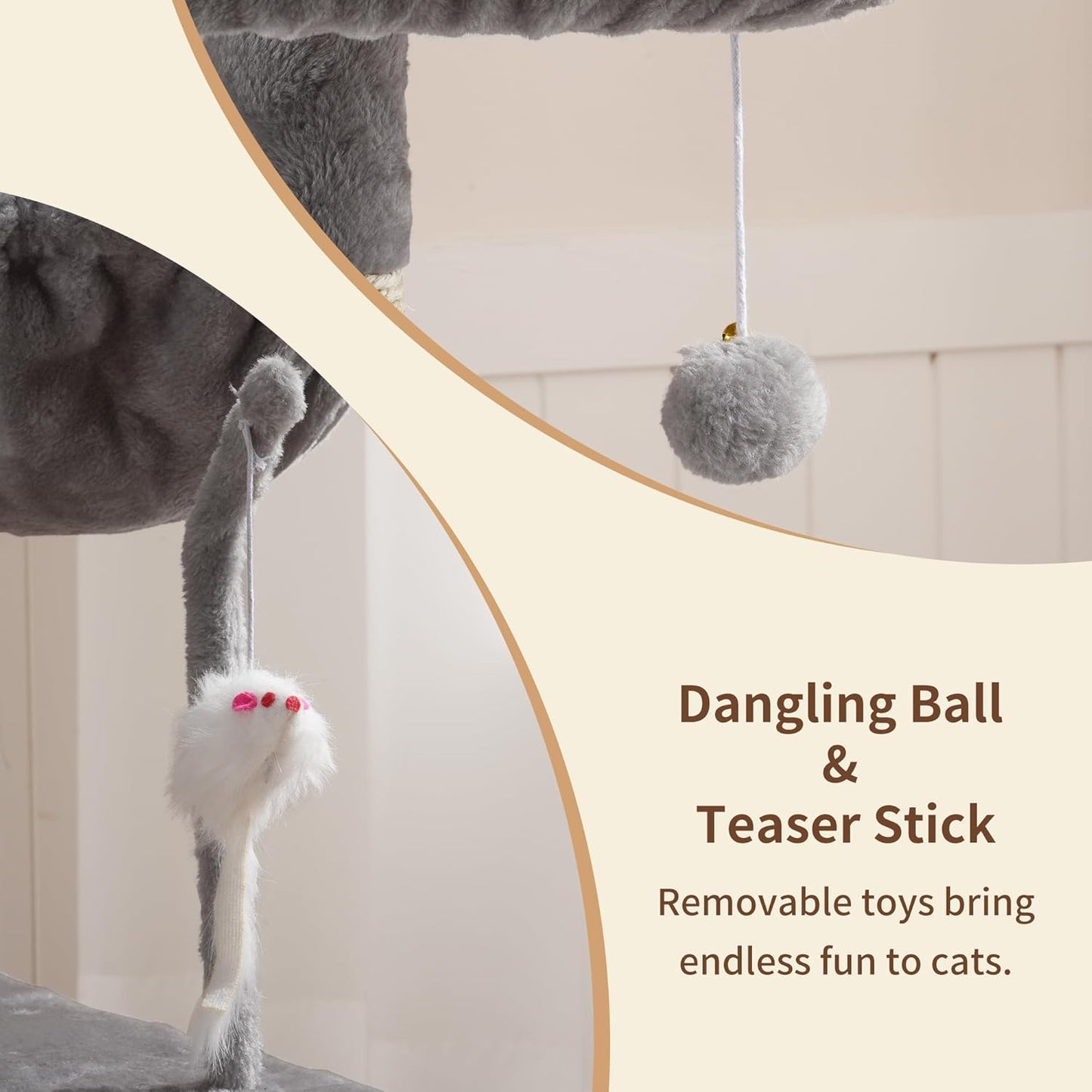 Heybly Cat Tree with Toy, Cat Tower Condo for Indoor Cats, Cat House with Padded Plush Perch, Cozy Hammock and Sisal Scratching Posts, Light Gray HCT004SW