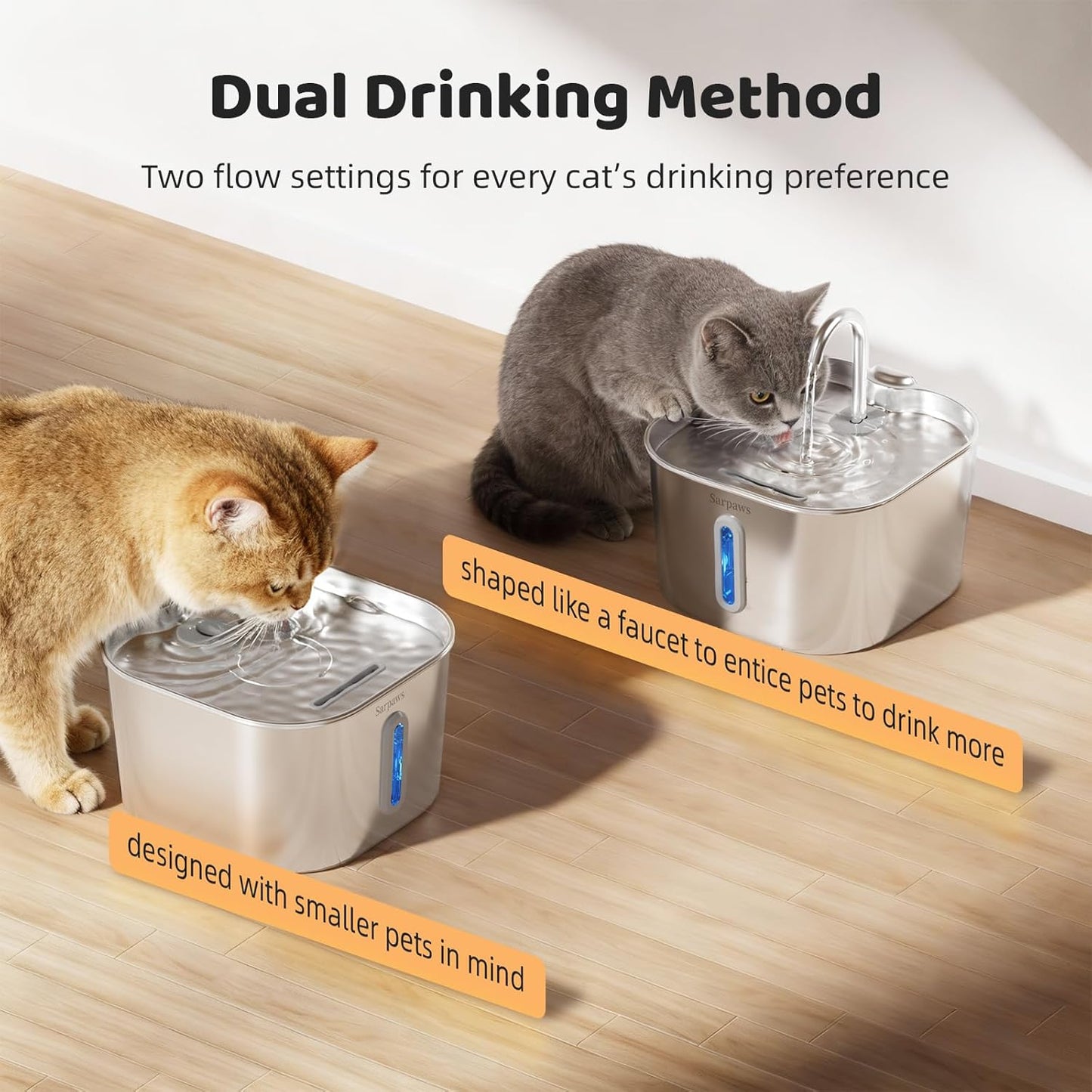 Cat Water Fountain Stainless Steel, 2.2L/74oz Pet Water Fountain for Cats Indoor, Ultra Quiet Cat Fountain for Cats and Small Animals, Cat Fountain for Drinking with 2 Filters & 2 Sponges