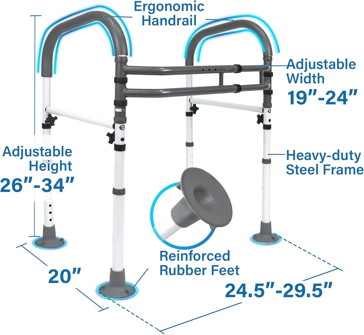 Vaunn Medical Deluxe Adjustable and Foldable Toilet Safety Frame, Bathroom Handrail Assist Grab Bar Handle (Gray, Adjustable Width and Height)