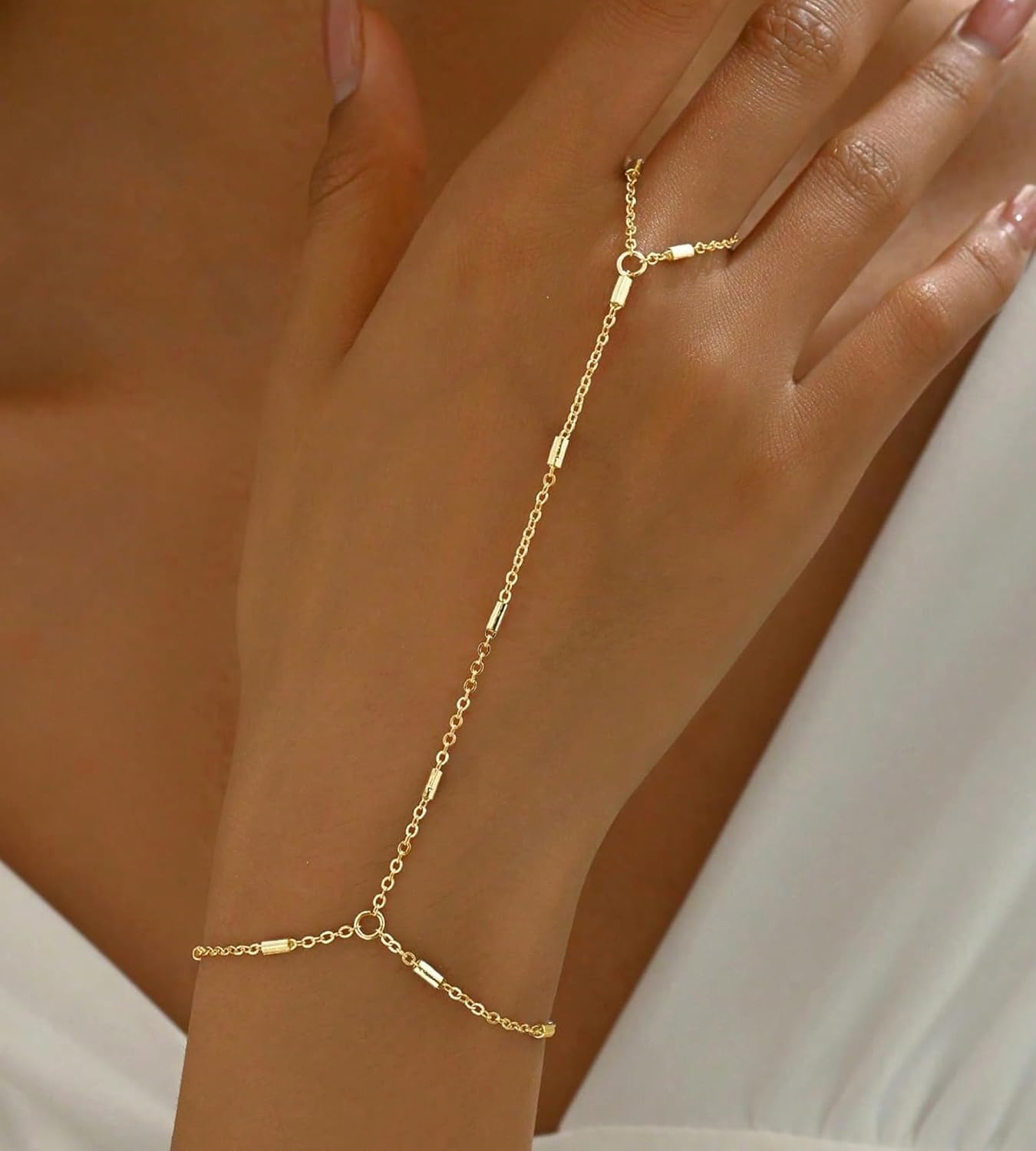 YEEZII Gold Hand Chain Bracelets for Women, 2 Pcs 14k Gold Plated Cubic Zirconia Link Chain Bracelet Set, Trendy ring bracelet hand chain Jewelry for Her