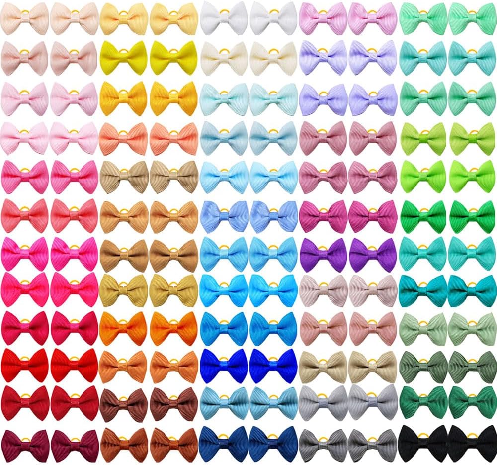 100Pcs(60 Colors) Pure Color Dog Bows with Rubber Bands Small Handmade Topknot Hair Bows for Doggie Puppy Cat Bunny Yorkie Pet Hair Grooming Accessories