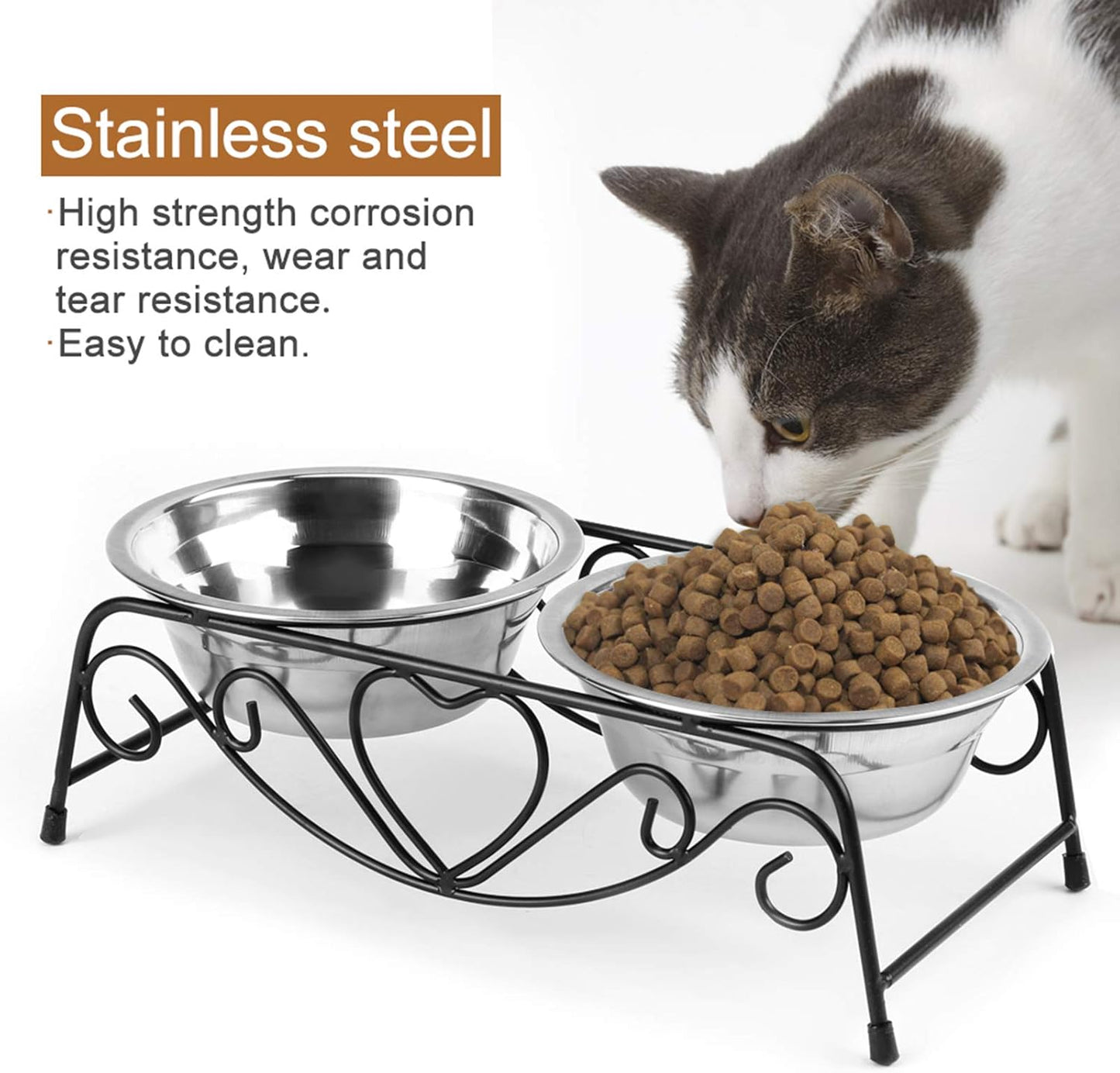Double Pet Food Bowls, Stainless Steel Raised Dog Feeder Bowls Cat Water Dispenser Dish with Noslip Retro Iron Stand Holder for Small or Medium Dogs Cats Puppy