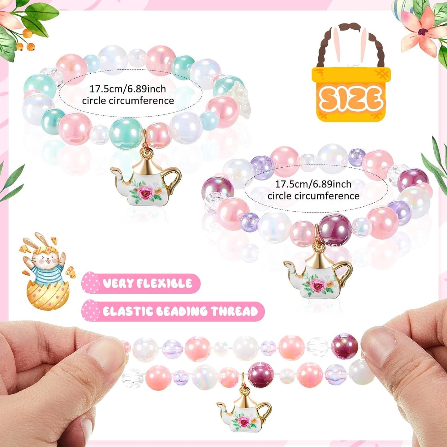 Ecally 12 Pcs Tea Party Favors Bracelet Bulk Tea Pot Beaded Easter Bracelet Party Supplies Pendant Accessories Princess Decorations for Kids Girl