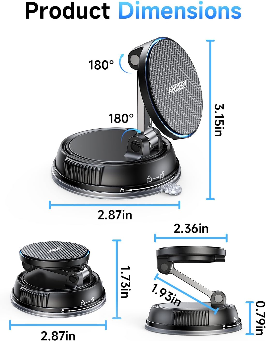 ANDERY Only for iPhone Magsafe Car Mount Charger [15W Wireless Faster Charging, 78+LBS Strongest Suction, 2400gf Strongest Magnetic] 360° Adjustable Car Phone Holder, Phone Holders for Your Car, Black