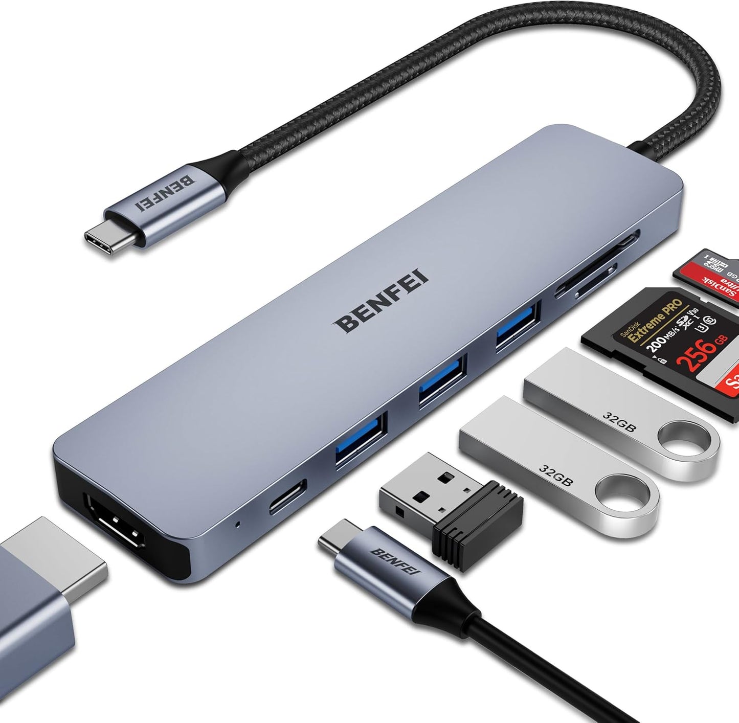 BENFEI USB C HUB 7-in-1 with HDMI(4K@60Hz,Certified), 100W Power Delivery, 3*USB 3.0, SD/TF Card Reader(160MB/s) Compatible with iPhone 15 Pro/Max, MacBook, iPad Pro, iMac, S23, XPS17