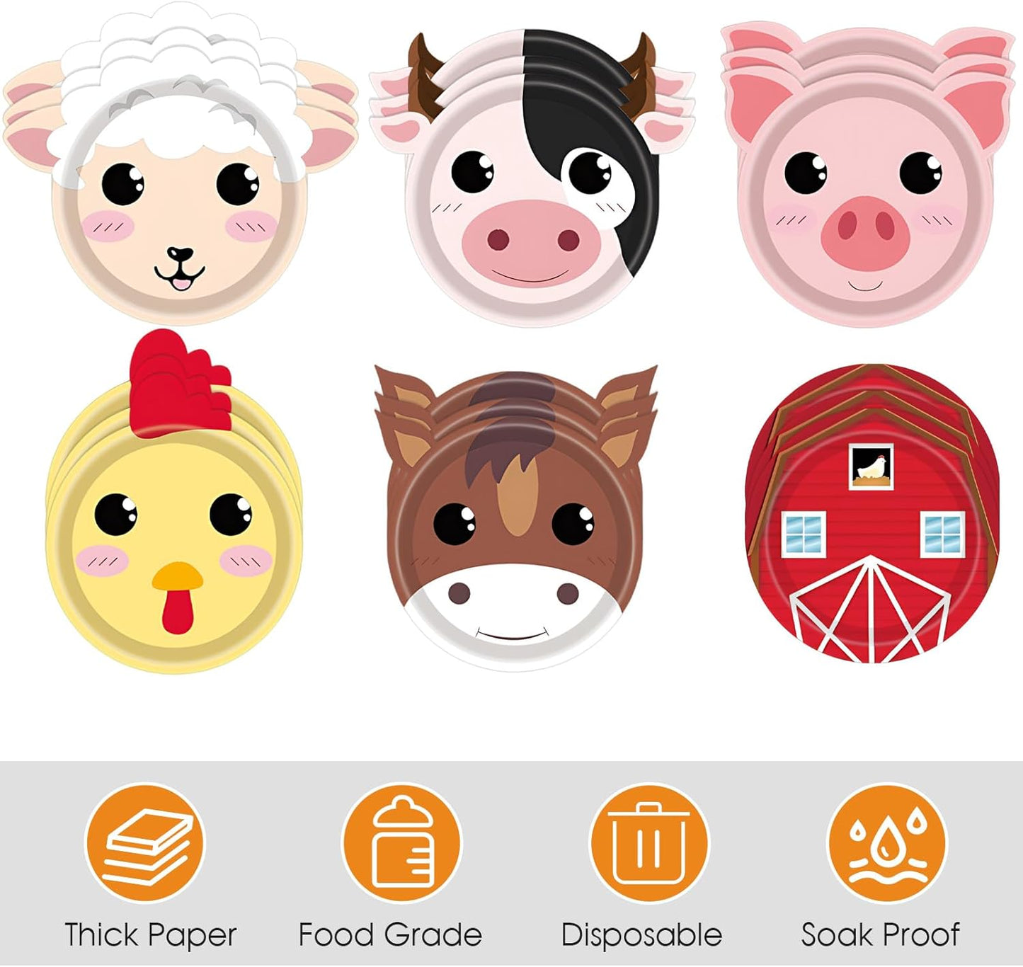 48Pcs Farm Animal Birthday Party Paper Plates Farm Birthday Decorations Chicken Pig Cow Sheep Horse Disposable Plates for Kids Baby Shower Animals Party Supplies