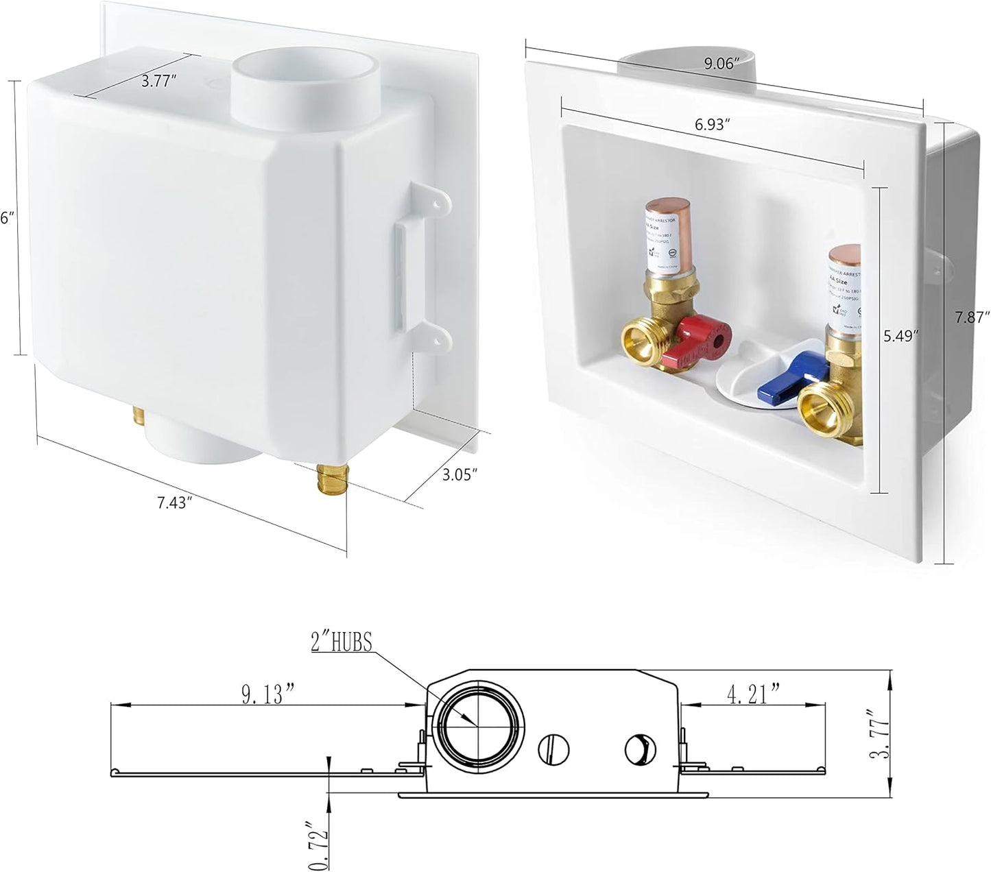 EFIELD Washing Machine Outlet Box, 1/2" Pex-A F1960 Expansion Connection x 3/4" MHT Connection, with Copper Water Hammer Arrestor, Center Drain with Brass 1/4 Turn Valves Installed,(WM013)