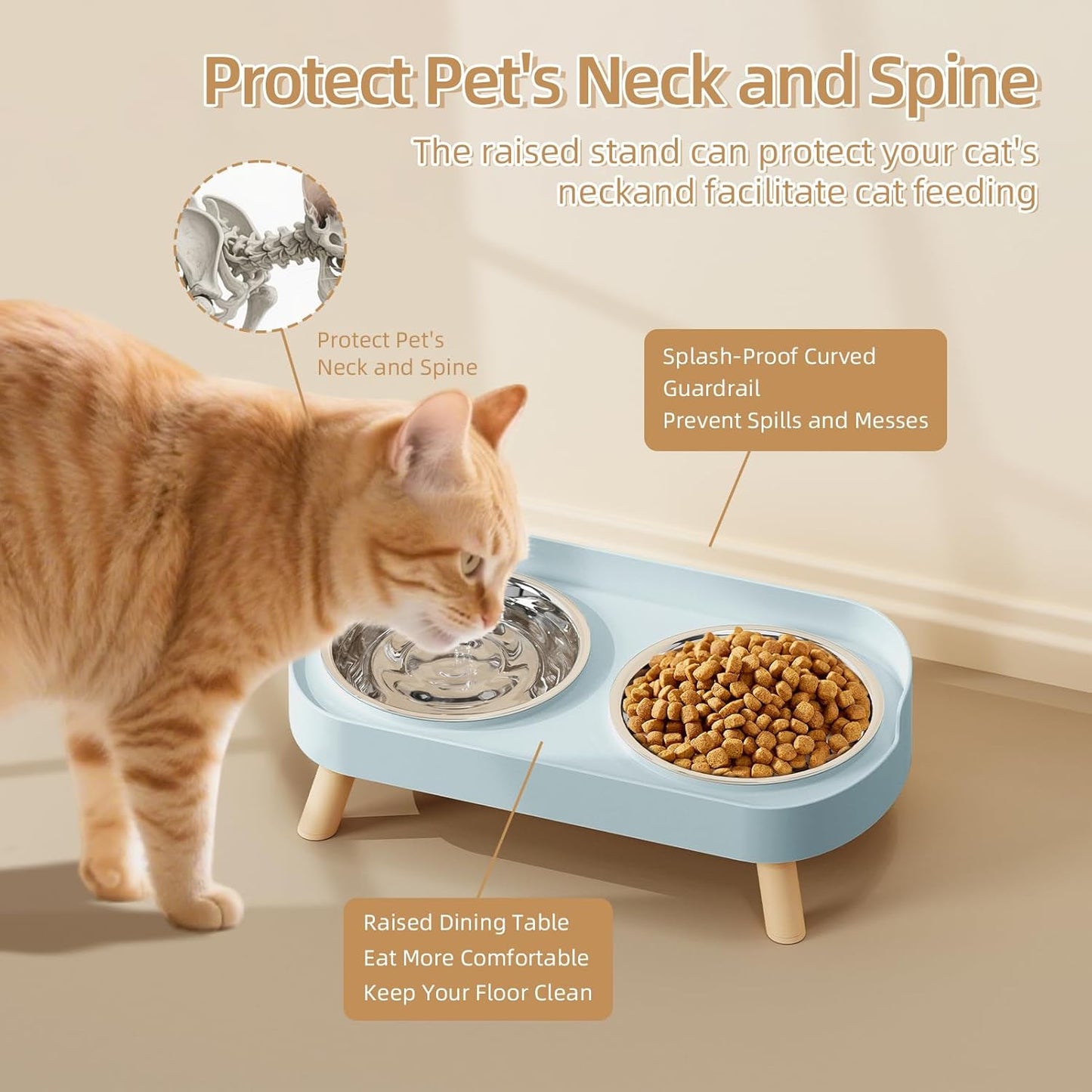 Elevated Cat Bowl, Raised Cat Food and Water Bowl Set for Indoor Cats, Splash Proof with 2 Stainless Steel Pet Food Bowls for Cats and Puppies, Whisker Fatigue and Dishwasher Safe - Blue