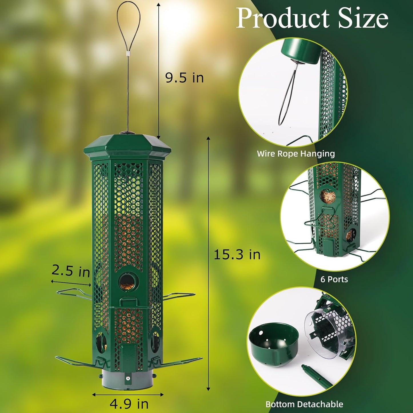 Squirrel Proof Bird Feeders with Removable Base, Metal Wild Bird Feeder for Outdoors Hanging, 6 Weight-Activated Ports Perches, 3LB Seed Capacity(Green)