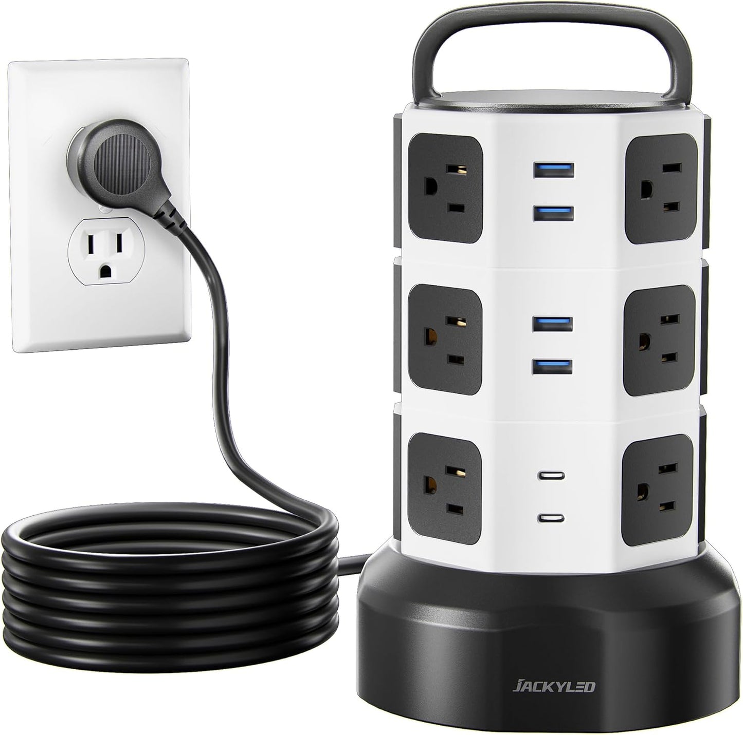 【10ft】 Power Strip Tower JACKYLED Surge Protector Electric Charging Station with 13A 12 Outlets 6 USB Ports Heavy Duty Extension Cord for Home Office Computer Nightstand Laptop Phone White Black