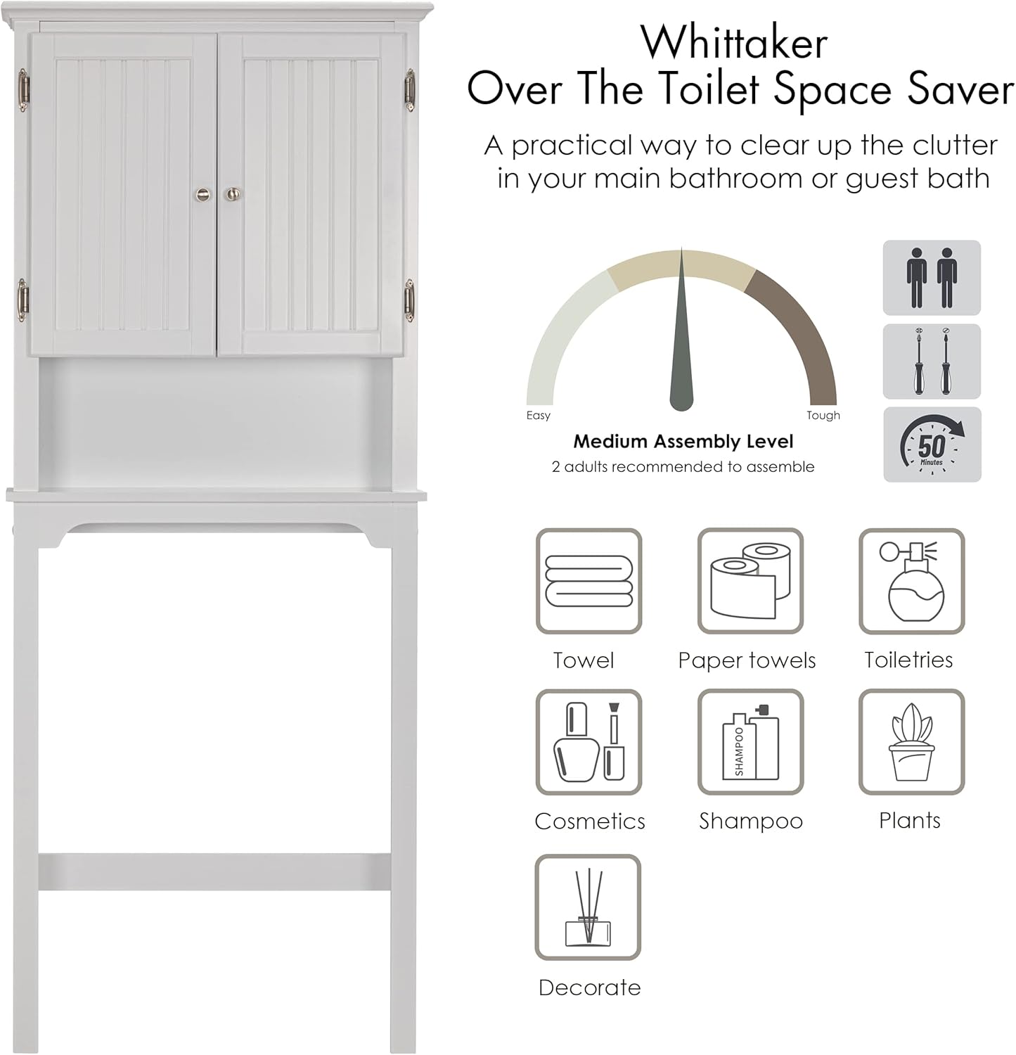 UTEX Over The Toilet Storage Cabinet, Over Toilet Bathroom Organizer with Adjustable Shelves and Double Doors, White