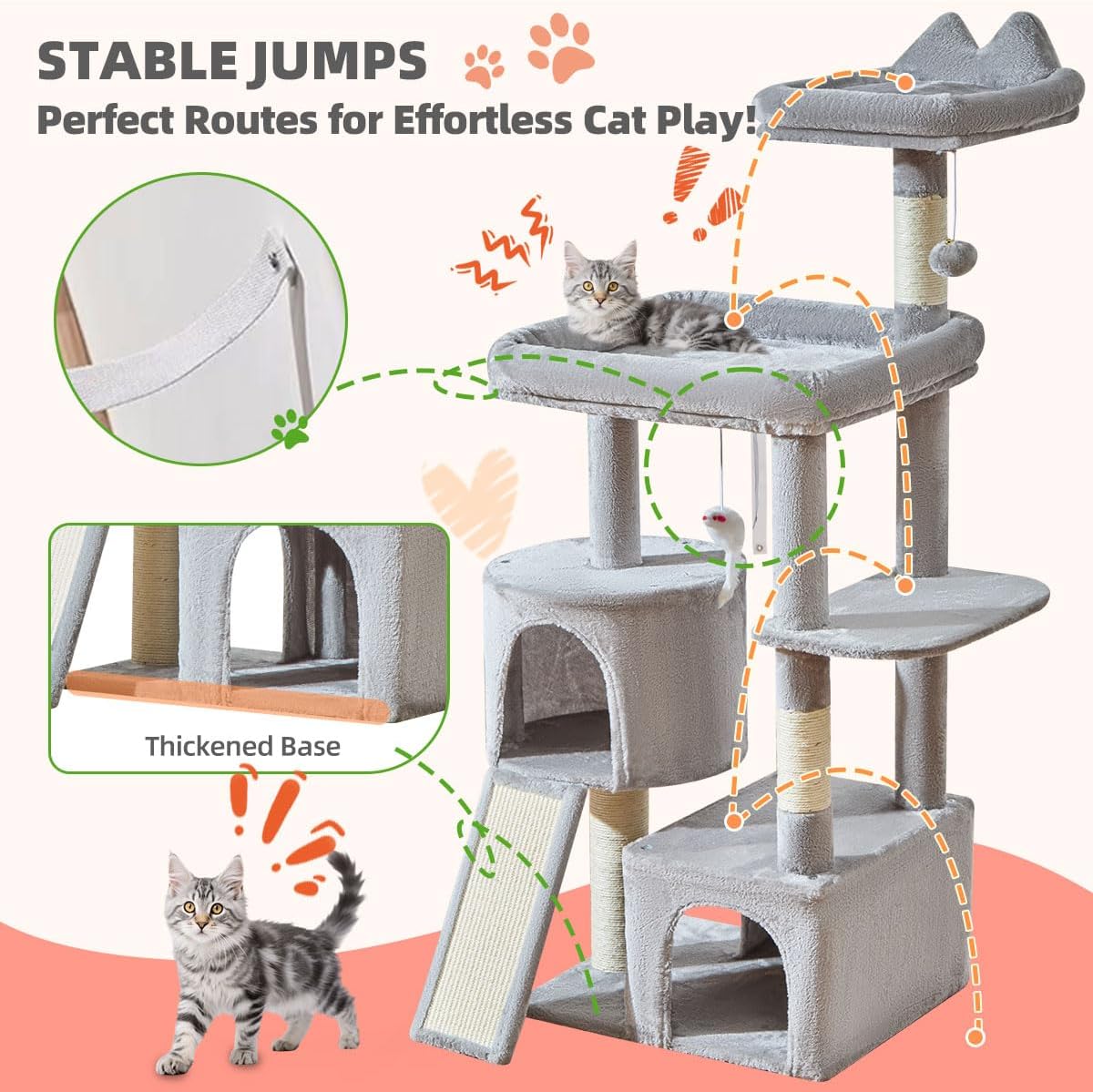 Taoqimiao Cat Tree for Indoor Cats, 55.1In Sturdy Cat Tower, Large Platform, Rotatable Round Condo with Large Scratch Board, Extended Cat House, Thickened Full-Sisal Scratching Post, Light Gray, F10W