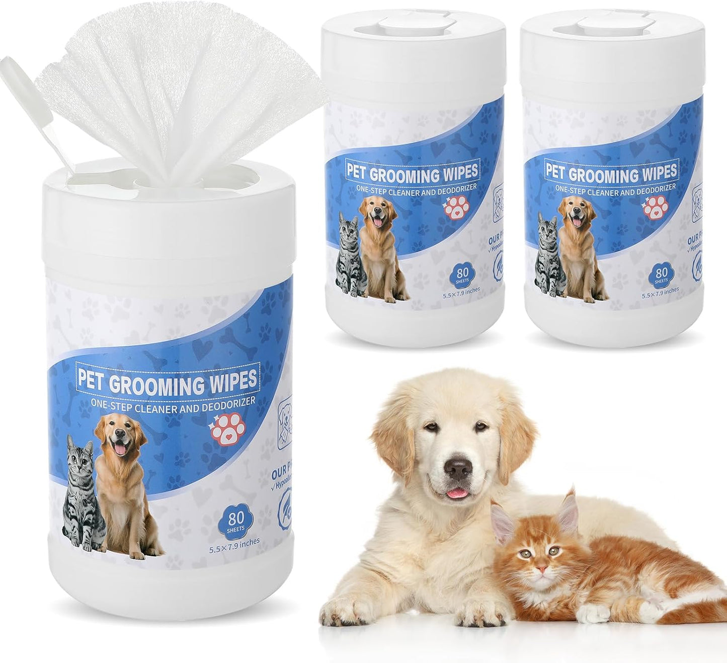 3 Pack 240 Count Pet Grooming Wipes for Dogs and Cats Pet Wipes Jar Bottle Deodorizing Cleansing and Unscented Large Non Woven for Paws Faces Skin Folds Bums
