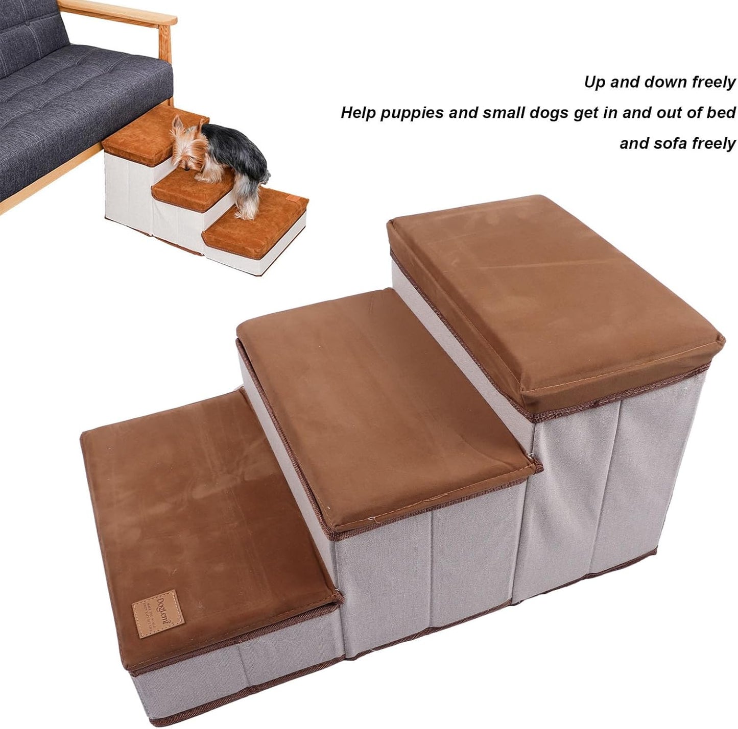 Pilipane Dog Stairs for Small Dogs Foldable 3 Tiers Dog Steps Anti Slip Large Capacity with Storing Space for High Bed Couch