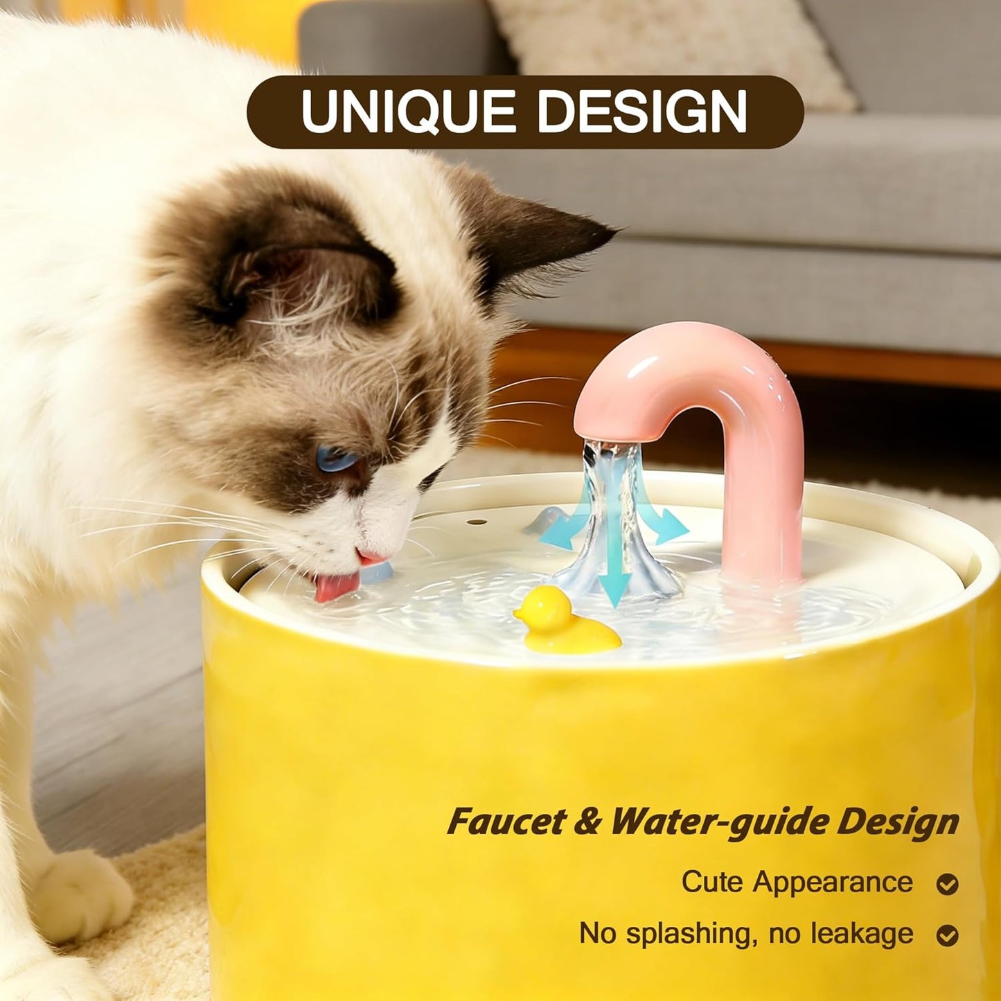 Ceramic Cat Water Fountain, 50oz/1.5L Yellow Ultra-Silent Automatic Pet Water Bowl Fountain Cat Water Dispenser for Pet Drinking Indoor with Cute Design, Activated Carbon Filter Perfect for Cats