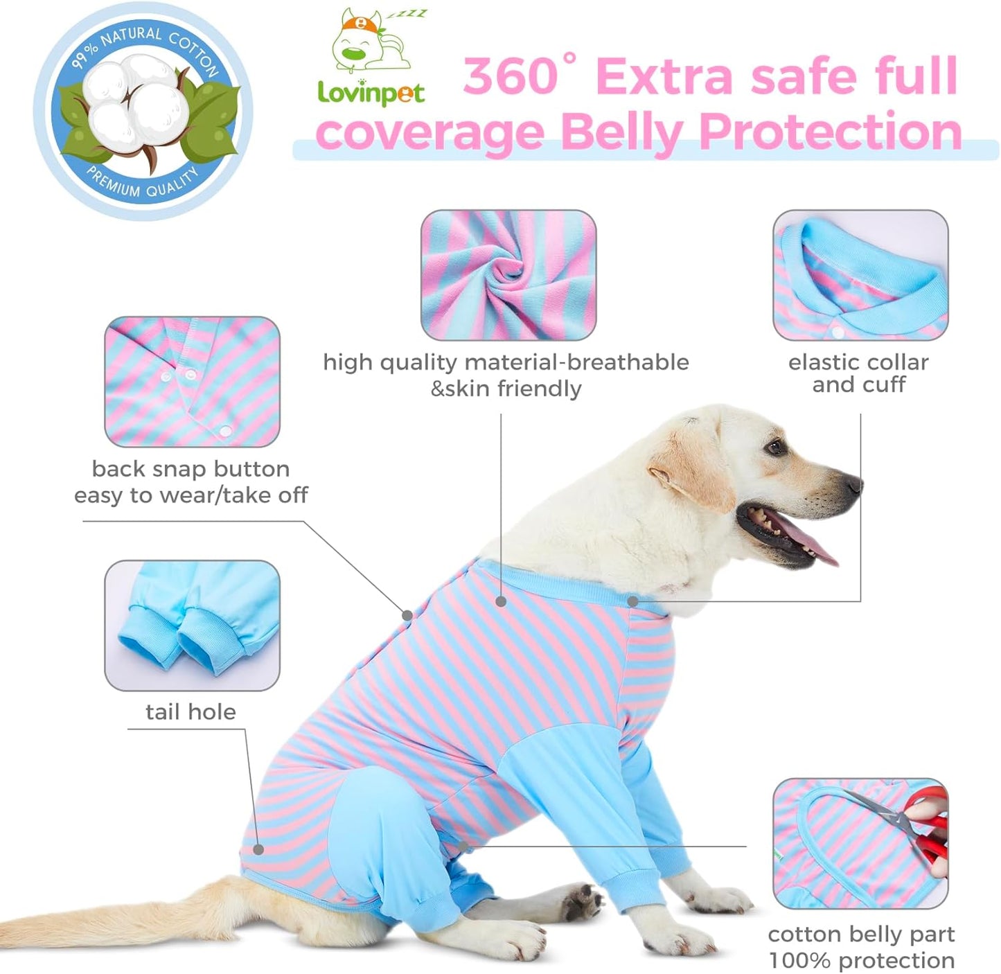 LovinPet Dog Recovery Suit - Medium Large - After Surgery Big Dog Recovery Suit Anti Licking Abdominal Wound Surgical Clothes Post-Operative Vest E-Collar Alternative Recovery Shirt,Blue,XXL